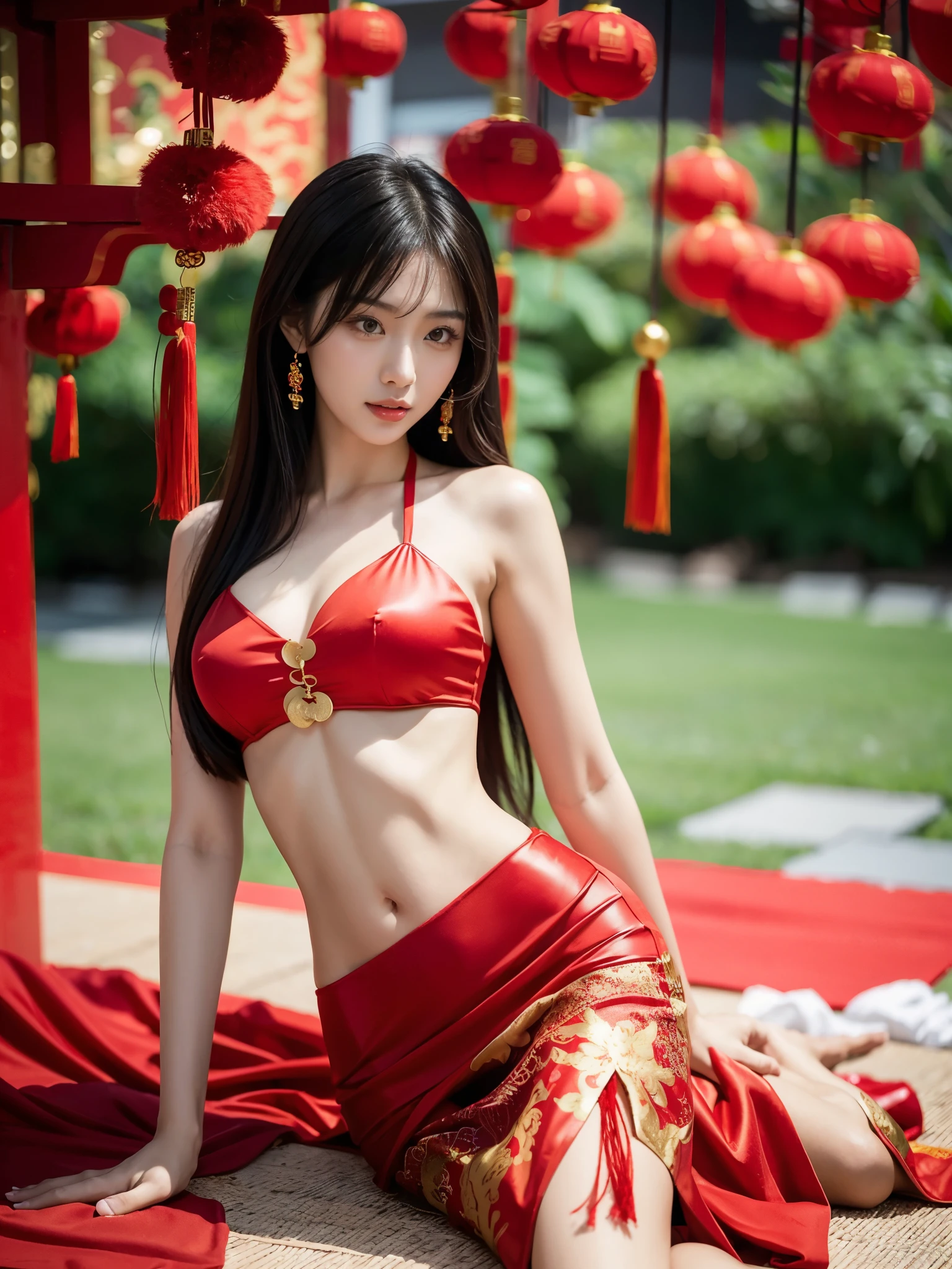 Chinese New Year vibe, Lunar New Year, girl in sexy red dress, beautiful asian girl, japanese model, sultry body with sexy belly, sexy hot body, sexy girl, gorgeous chinese model, asian girl, fit dainty figure, attractive body, beautiful detailed body and face, Chinese New Year background, Chinese New Year greeting pose,