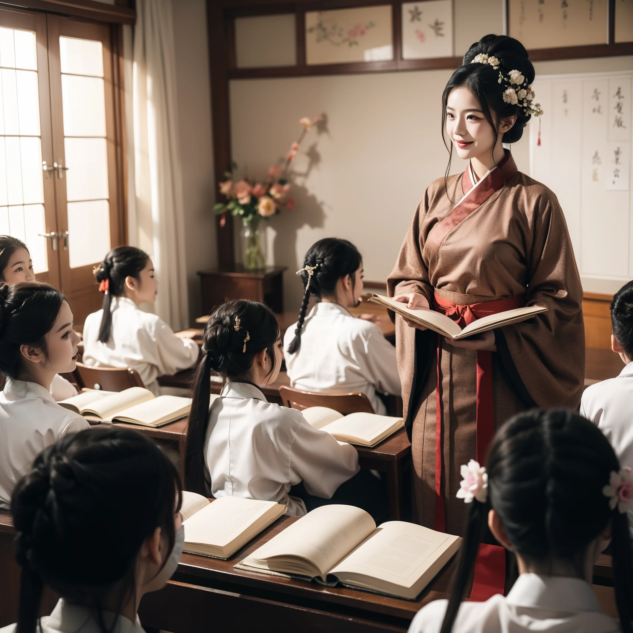 A young boy with，Children Thai school uniform, teachers Hanfu costume ，Teacher's Day，Holiday poster，cheerfulness，ssmile，Chinese New Year