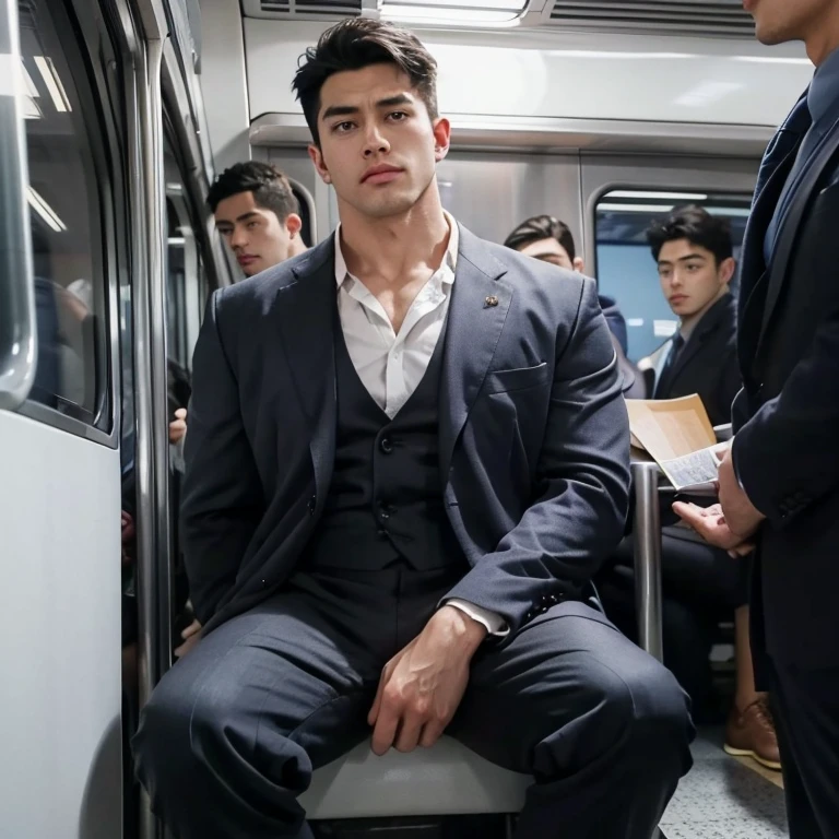 a handsome、tall muscular man、broad shoulder、extra very short hair、angular jaws、thick neck、thick eyebrow、extra very short hair、A dark-haired、fine eyes and detailed face、 Highly detailed CG Unity 8K wallpapers、intricate-detail、 looking at the spectator、 dynamic poses、 dynamic compositions、 big muscle、、(((()))), ((naked))、a handsome、 (photographrealistic:1.4)、(((Wearing a suit)))、Sitting on the train、Face-to-face angle,(Angle from below),Sitting in a train seat,Sitting at the front,Zoom camera in the crotch, crowds around him,Feet are on the floor of the train,full body Esbian, ((Maybe for me))、 from bottom view、posterior view、buttock、Big butt、((handsome man)) , wearing thong