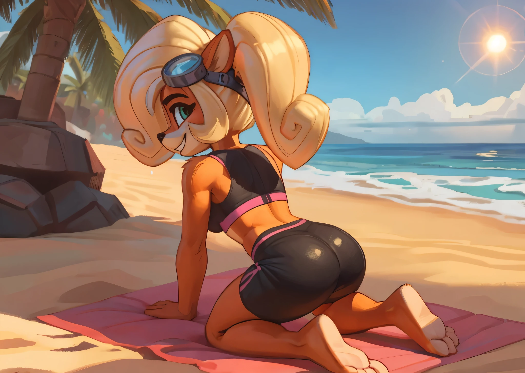 [Coco bandicoot], [Uploaded to e621.net; (Pixelsketcher), (wamudraws)}, ((masterpiece)), ((HD)), ((solo portrait)), ((full body)), ((back view)), ((feet visible)), ((furry; anthro)), ((detailed fur)), ((detailed shading)), ((beautiful render art)), ((feet visible)), ((intricate details)), ((cinematic)), {anthro; orange fur, (soaked fur), black nose, (cute green eyes), (white highlights in eyes), (short eyelashes), (wet blonde hair), curly ponytail, (curvy hips), (beautiful legs), (beautiful feet), (cute grin), (excited expression)}, {(pink sports bra black lines), (short black spandex shorts pink lines), (pink lines on shorts), (goggles on head)}, {(on beach towel), (kneeling), (all fours), (looking back at viewer)}, [background; (beach), (beautiful ocean), (clouds in sky), (blue sky), (sun rays), (ambient lighting)]