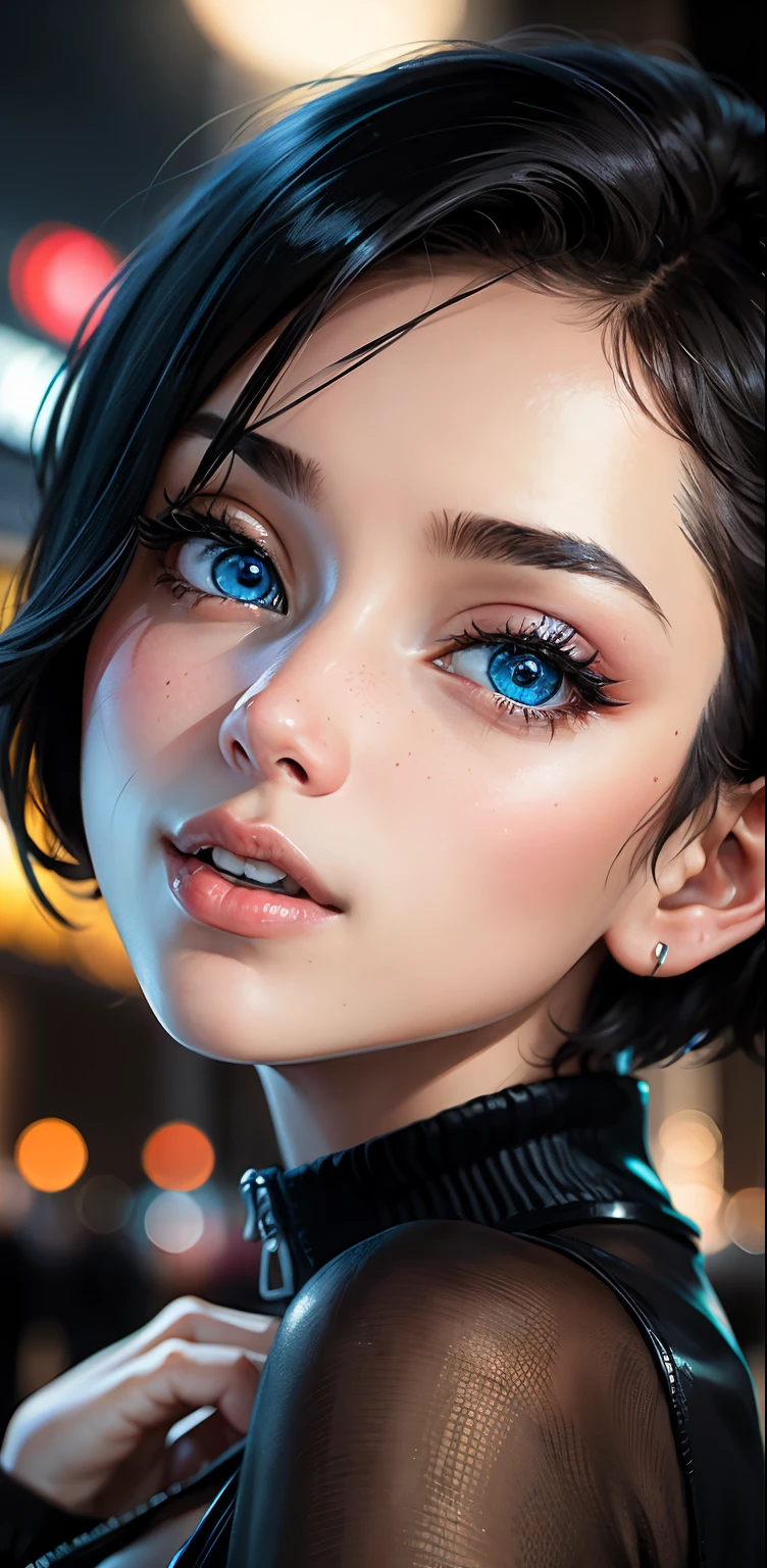 Paris, night, Eiffel Tower, there is a woman with short black hair, 18 years old, profile photo, selfie in 8k format, short hair, front photo, with a mobile phone, blue eyes