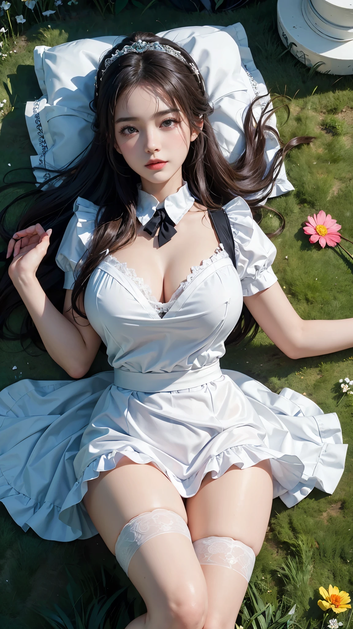 ( highest quality、8K、masterpiece、realistic:1.3 )、 1 woman、( A garden with a classical and prestigious castle in the background )、( Very high quality deep background : 1.2)、nature bright sunlight、blue sky、smile、brown hair、hair blowing in the wind、beautiful woman with perfect figure: 1.4、Highly detailed face and skin texture、detailed eyes、double eyelid、very far away : 1.2 、whole body : 1.2、white and black maid、White maid headband、ruffle blouse、mini skirt、ribbon tie、apron、high heels 、( lie on your back on the grass: 1.5 )、Show off your cleavage。very big breasts。