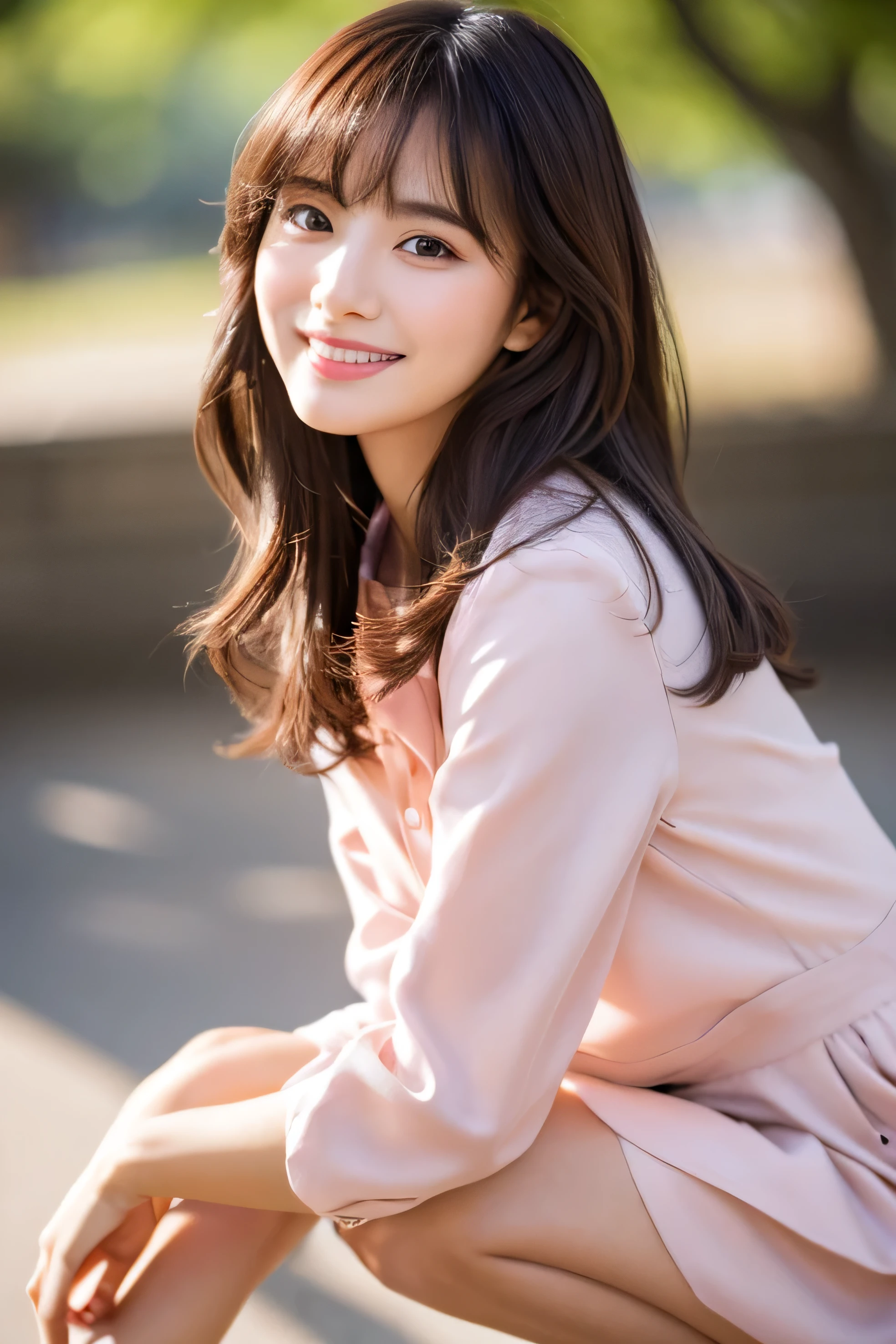 highest quality:1.2, 8K, sharp focus, masterpiece: 1.2, Natural light, Detailed CG, beautiful girl:1.2, reality, detailed facial texture, realistic skin, beautiful makeup, detailed bangs)), (written boundary depth), background bokeh, head tilt, smile, Brown long hair, cowboy shot, (Pink Crop Jacket), Wind, self snap , from the front,clear,korean beauty,whole body,background white,beautiful feet,beautiful feet,Wearing pumps,Snazzy,Are standing,whole body撮影
