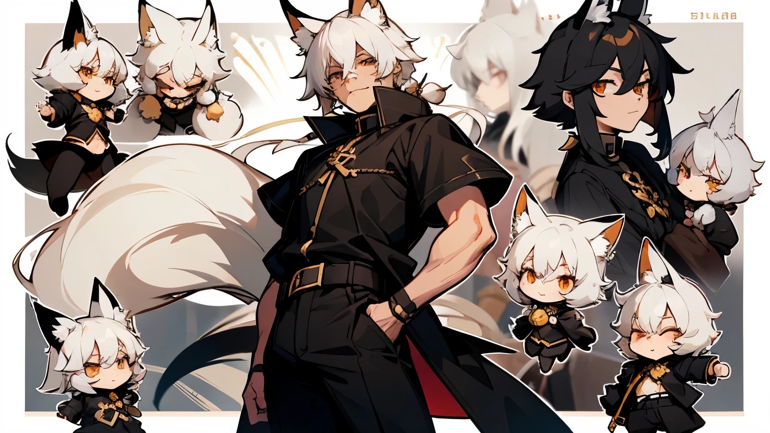 Male, adult, black pants, black attire, fluffy coat, somewhat tight shirt, short sleeves, broad shoulders, black and gold belt, short and fluffy hair, white hair, fox ears, fox tail, fluffy tail, only one tail, two long pigtail bangs, gentle smile, character design sheet, chibi characters in background