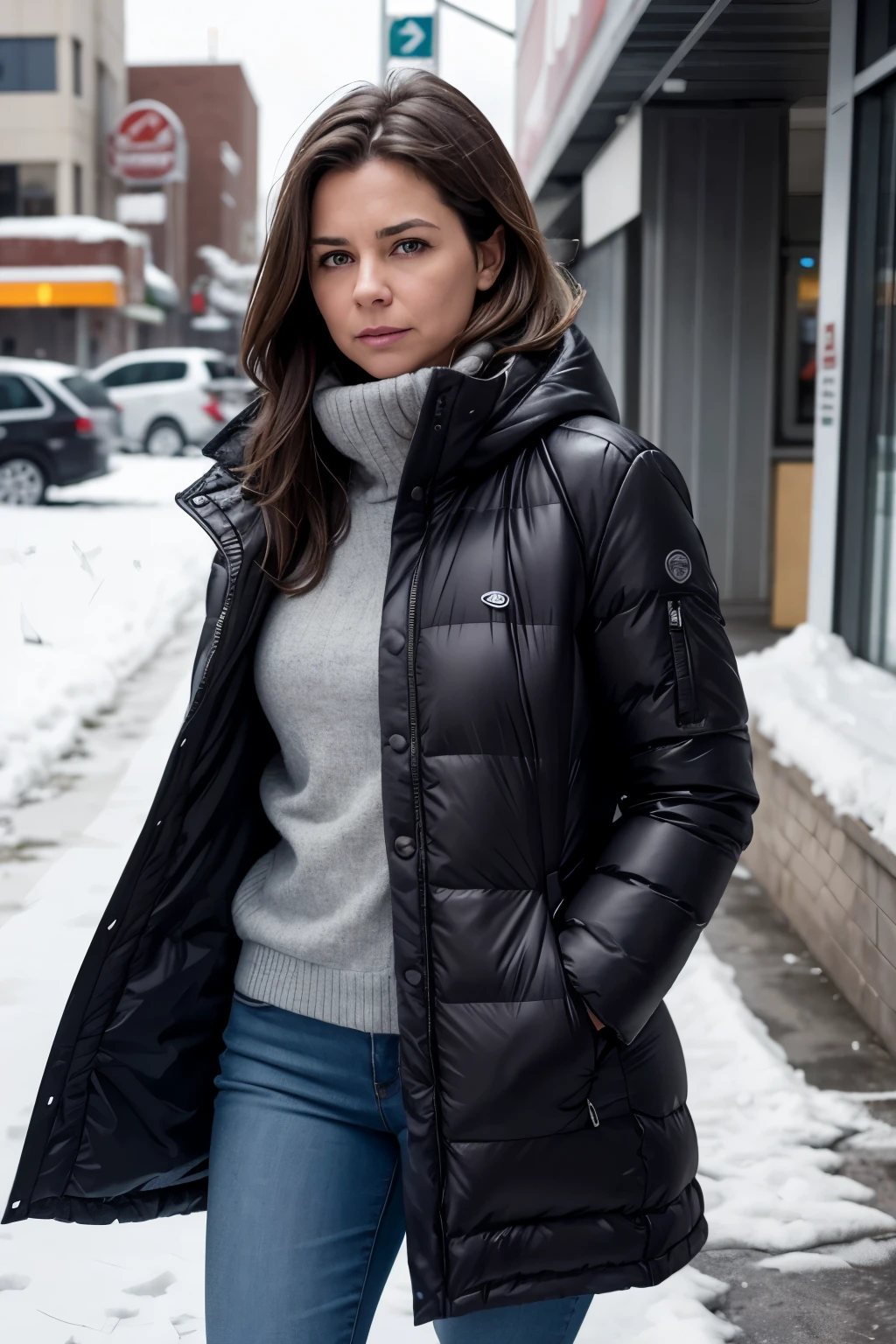 An icy wind blew through the open doors of the supermarket, sending a shiver down Sandra's spine as she clutched her coat tightly around herself. "Fuck, fuck, fuck," she thought, her breath visible in the frigid air as she stared out at the distant building. The market still seemed miles away, and she couldn't help but feel the bite of the wind against her exposed skin.
Despite the discomfort, Sandra pressed on, her determination to complete her errands driving her forward. The wind howled around her, whipping her long brown hair around her face as she trudged through the parking lot. With each step, she could feel the cold creeping deeper