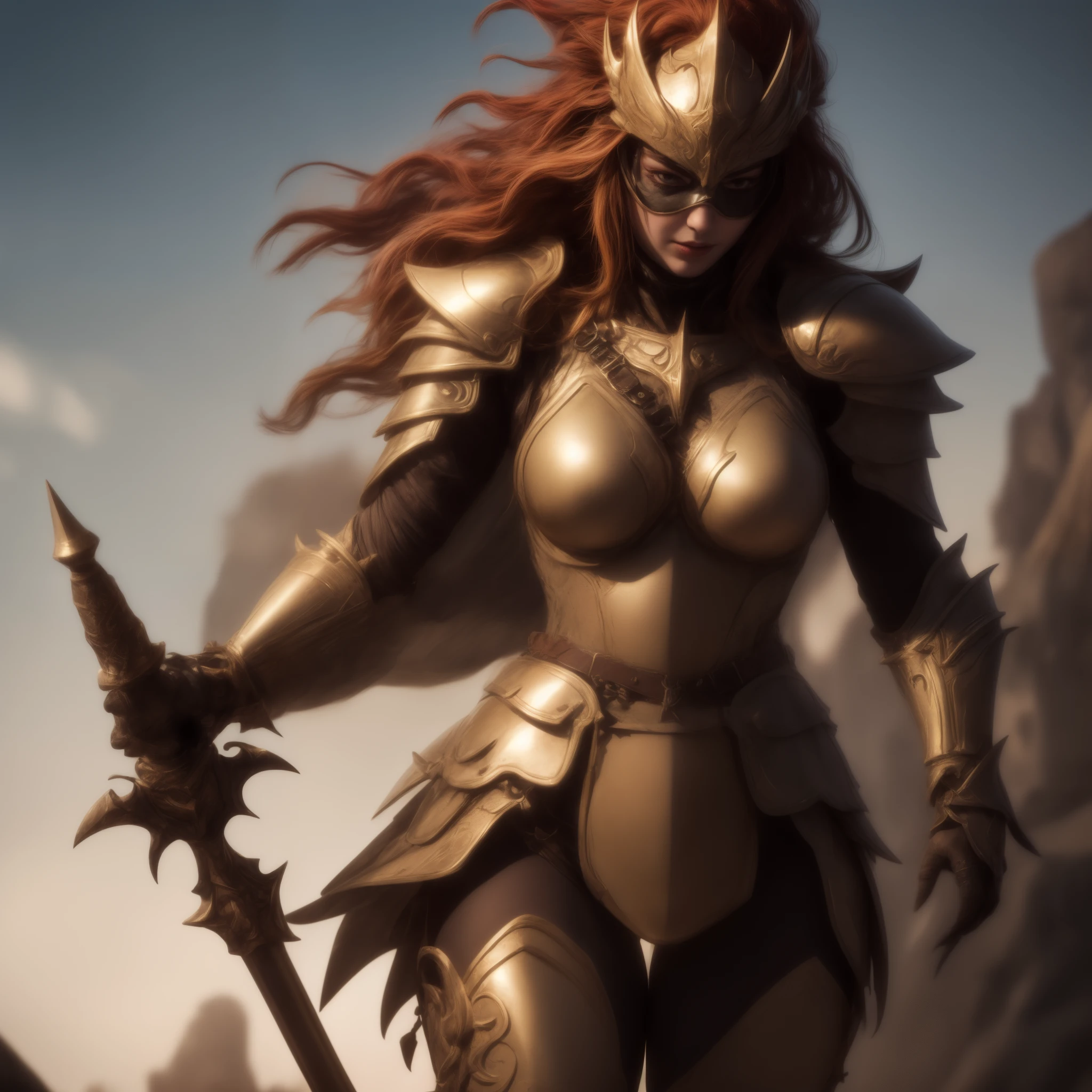 (best quality,4k,8k,highres,masterpiece:1.2),ultra-detailed, Female gladiator. tall, wearing golden armor, face covered by golden helmet, long red hair, wielding large golden axe, laurenphillips, HDR, 8k, absurdres, cinestill 800, sharp focus, add_detail:2, (solo, woman)