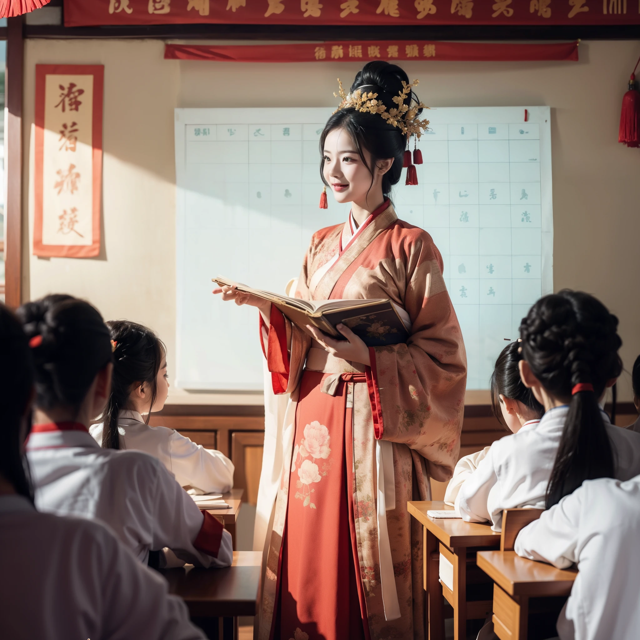 A young boy with，Children Thai school uniform, teachers Hanfu costume ，Teacher's Day，Holiday poster，cheerfulness，ssmile，Chinese New Year