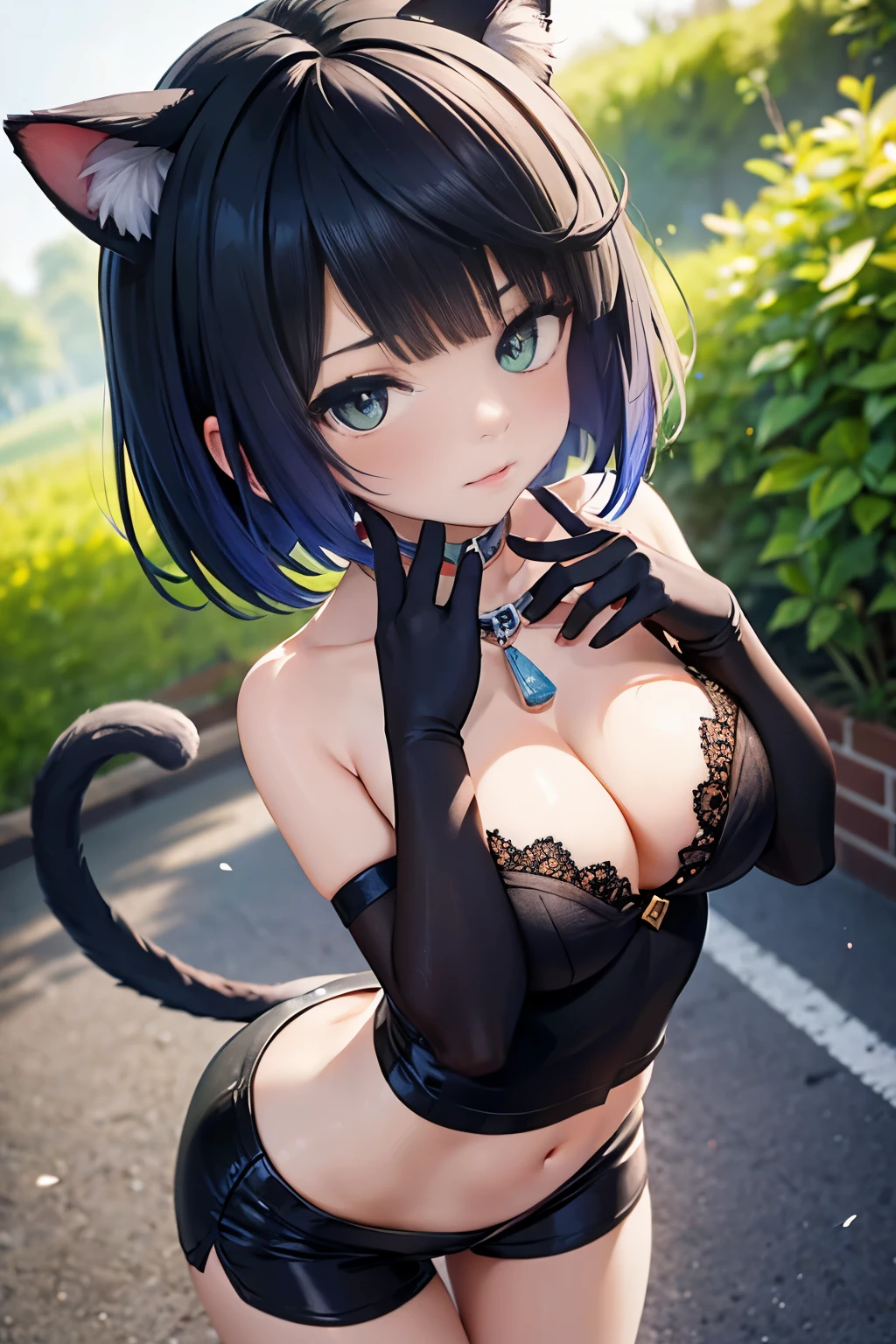 a woman, 26 years old, ass facing the public, showing her ass, cat pose, cat ears, short hair, wearing cat glove, perfect body, sensual cleavage, medium breasts, red cat shirt, wearing tight black shorts , sexy shorts, vinyl shorts, Ultra HD, 4k image, best image quality, (fidelity: 1.4), photoreal, light green eyes, eyelashes, beautiful pupil, shadows, slight blush, delicate facial features, reasonable facial features , exposed waist, natural poses, just one character