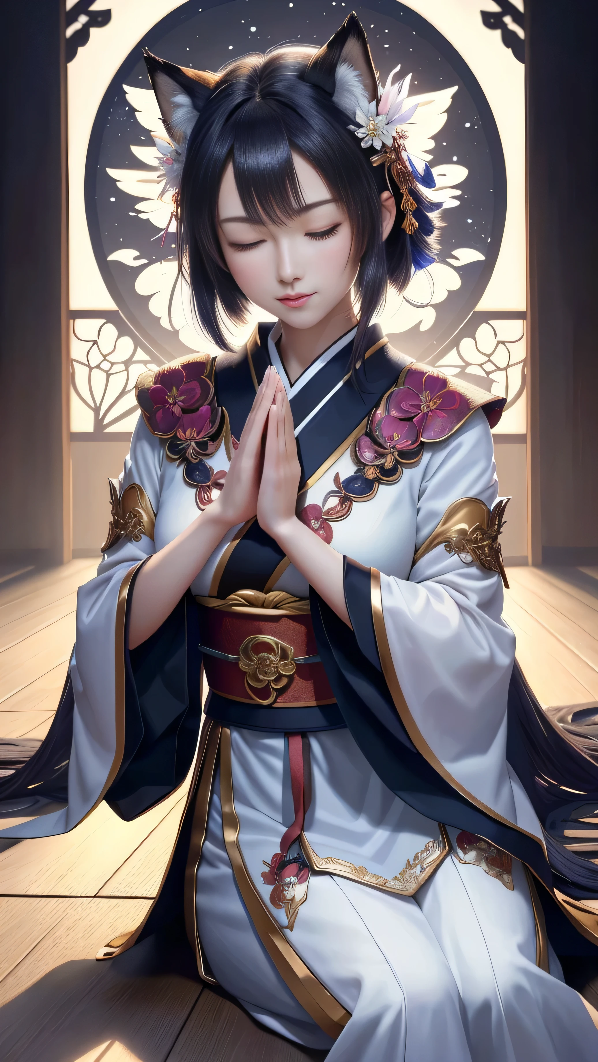 masterpiece , highest quality,close up of face,Mysterious,The big angel sitting on the floor has wings.,seiza,pray,close your eyes,whole body,Only one person,precision quality,beautiful short hair, masterpiece, japanese architectureの背景,beautiful details, colorful, delicate details, delicate lips, intricate details, genuine, ultrargenuineista, 枝に座っている色とりどりの髪のFoxを持つ女の子:mature, bright eyes, ,色とりどりのFox, Raposa the Nine Tails, 三尾Fox, 三尾Fox, Onmyoji detailed art, beautiful fine art illustration, mythical creatures, Fox, beautiful digital art,shrine maiden,japanese architecture,Holding hands,exquisite digital illustration, mizutsune, Inspired by mythical wild nest creatures, pixiv in digital art, dazzling light, high contrast, Mysteriousな,