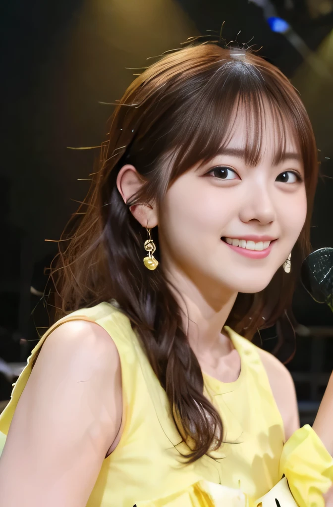 realistic, realistic, masterpiece, highest quality, one girl, alone, in stage, Stage lighting, Stage Spotlight, look at the audience, smile, Idol_sing,yellow one piece costume,韓国のIdol,Nogizaka idol,actress,舞台の上でsing