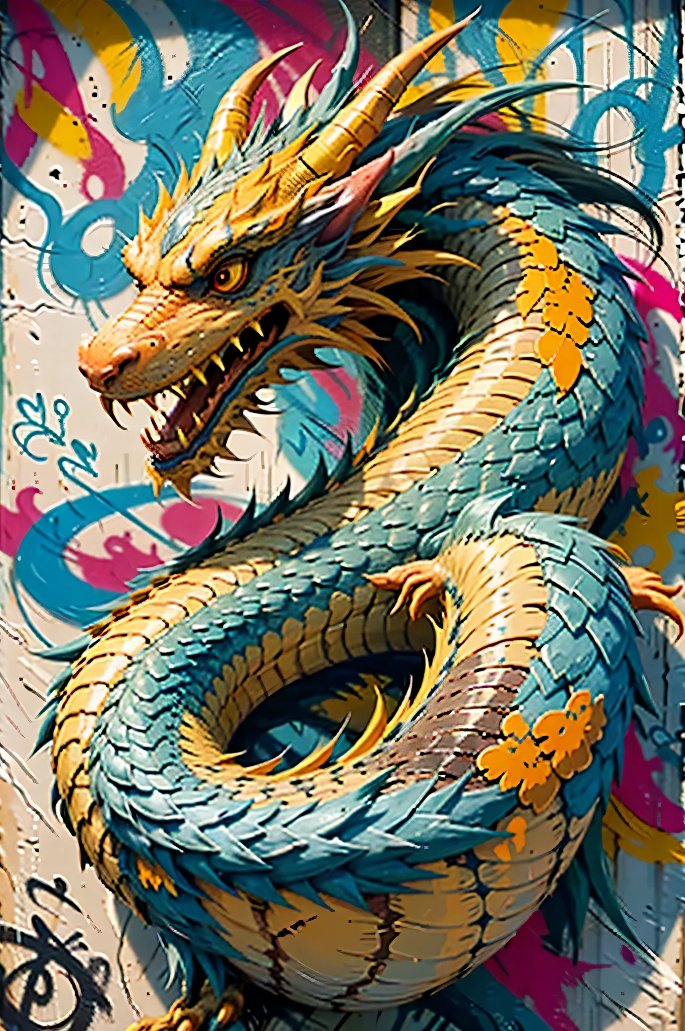 scribble art of a colorful dragon on a wall in a park, graffiti Street art, scribble art, painted on a huge wall, Street art, Street art, Weird art on the wall, red theme， Graffiti monsters, urban art style, Street art style, scribble art, Intricate graffiti, urban art, Street art:2 very detailed, modern Street art, dragon art，lantern