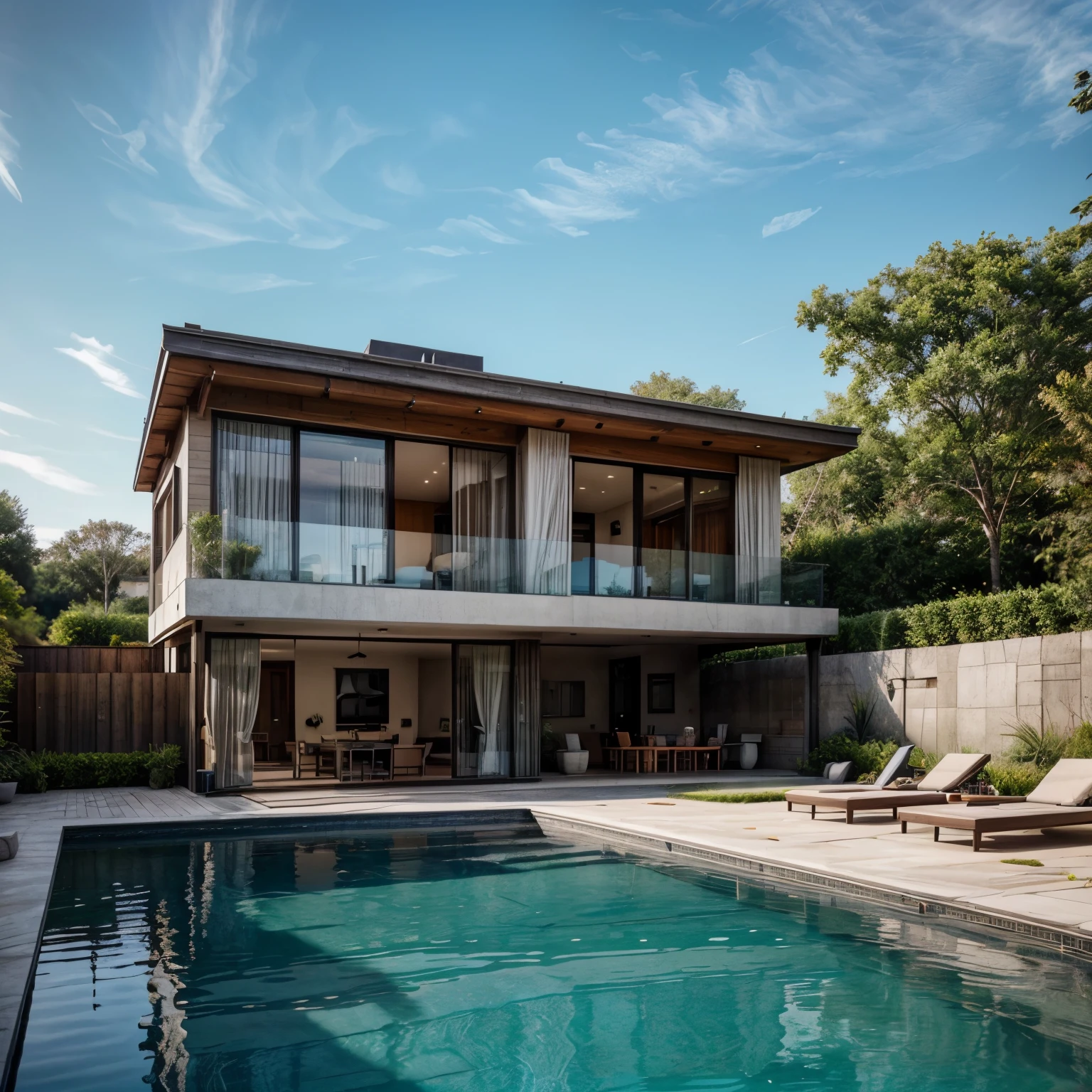 Generates the detailed visual representation of a modern and aesthetically attractive house located in a residential neighborhood. Be sure to include hyper-realistic elements, such as textures and precise architectural details. Imagine a serene and welcoming environment with abundant flowers and plants in the surrounding garden. Additionally, add a pool that complements the design, highlighting the harmony between the architectural structure and the surrounding nature. Consider appropriate lighting to highlight key aspects of the home and its surroundings, creating a warm and welcoming atmosphere. Detail the construction materials used and ensure that the image reflects the elegance and modernity that characterize a high-quality residence in a premium residential environment