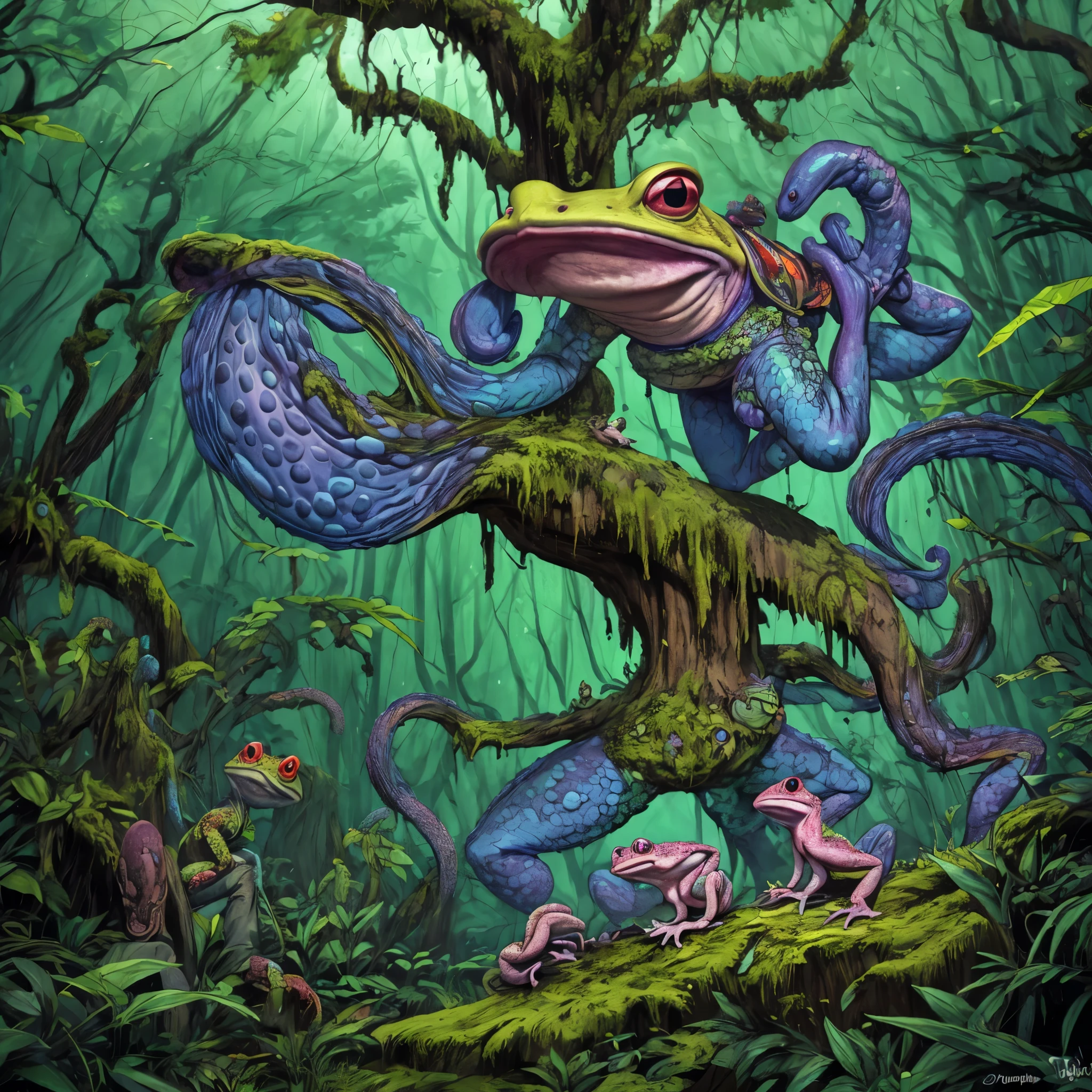 (A creepy toad, enormous, brightly colored, tentacle tongue) stalks through an ancient forest