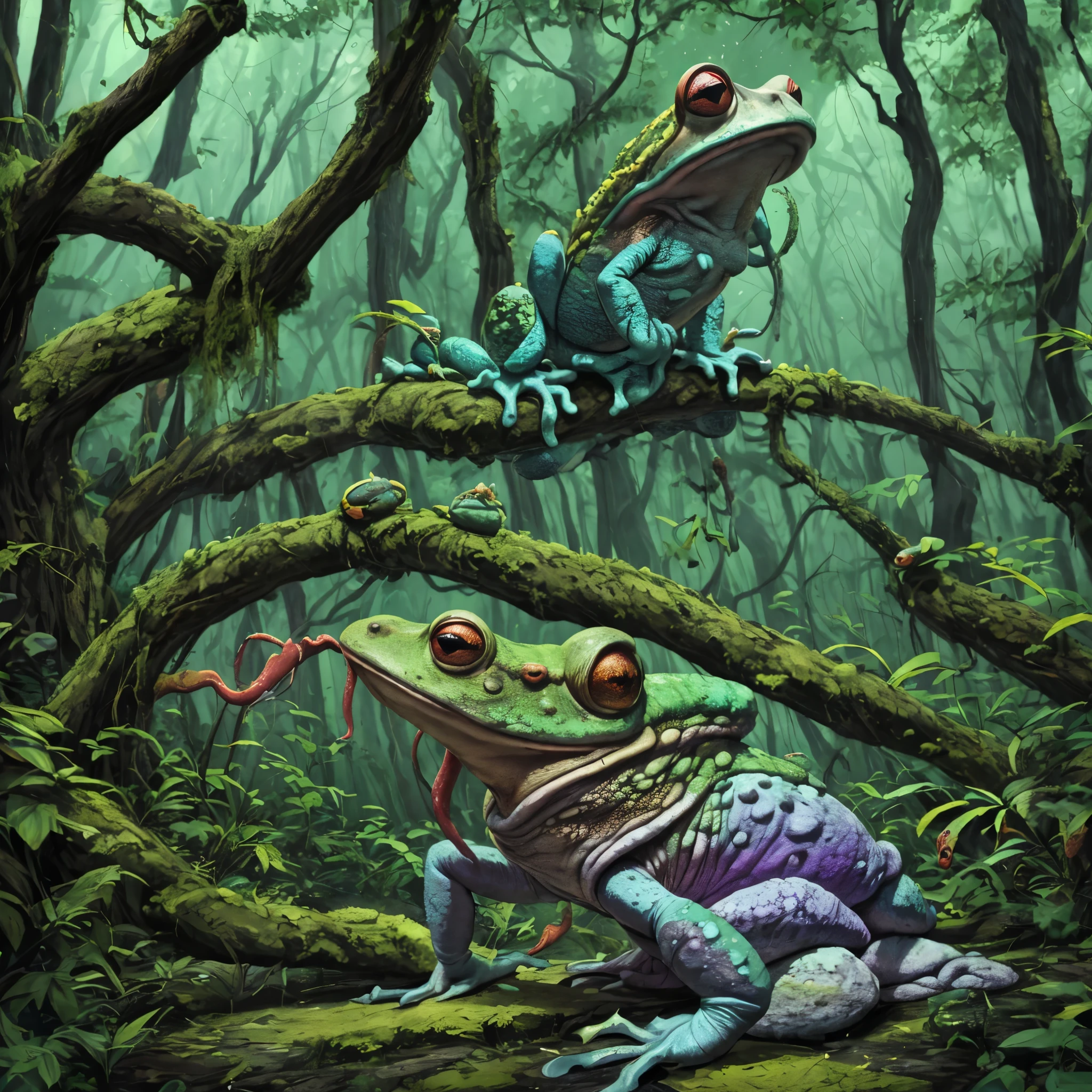 (A creepy toad, enormous, brightly colored, tentacle tongue) stalks through an ancient forest