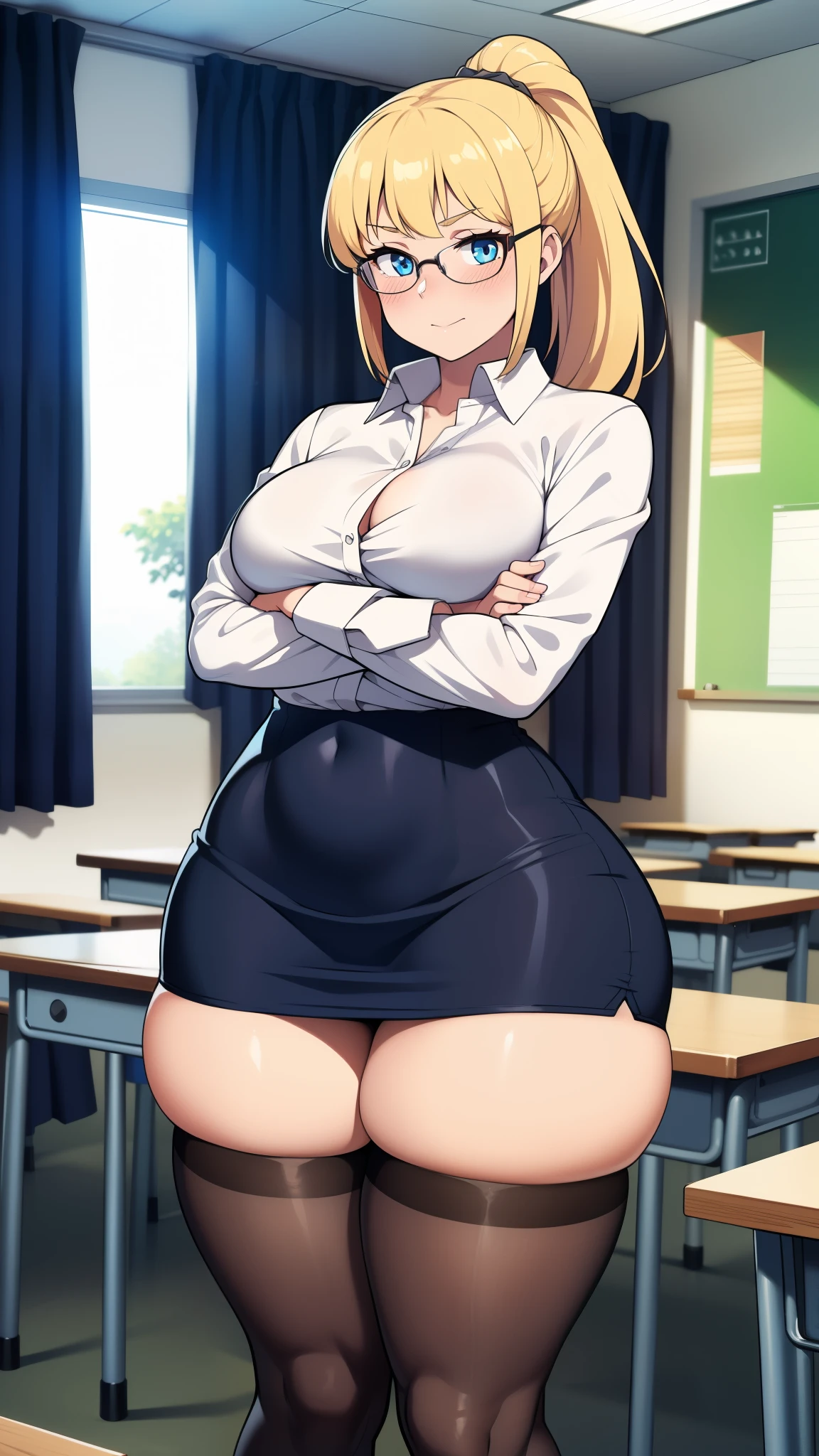 ((highres)), Masterpiece, high quality, best quality, beautiful, perfect lighting, detailed face, ultra cute face, ((1girl)), ((solo), long blonde hair, bangs, ponytail, blue eyes, glasses, (blush), looking at viewer, arms crossed, standing in a classroom, (classroom), daytime, dress shirt, pencil skirt, thigh highs, wide hips, (thick thighs), medium breasts, perky breasts, 24 year old female,