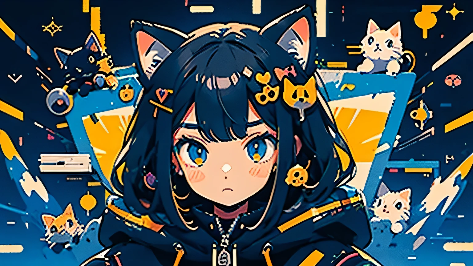 anime girl with black hair and a cat hat, anime style illustration, moe artstyle, wallpaper 8 k, digital illustration, beautiful 1woman, fit-muscled body, medium breast, bright yellow eyes,dark blue hair , blue eyes, With round lenses, The audience watched carefully, (s face: 1.2), she wears a hoodie with animal ears and technowear technology, futuristic fashion in black and holographic colors, many details and buttons on it, cables coming out of the sleeves, the background is that of a simple pattern with cat motifs and paws, purple and black, black cat eyes, holographic, holo details