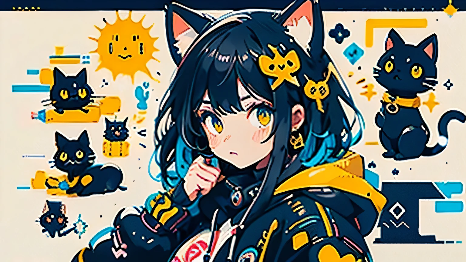 anime girl with black hair and a cat hat, anime style illustration, moe artstyle, wallpaper 8 k, digital illustration, beautiful 1woman, fit-muscled body, medium breast, bright yellow eyes，dark blue hair , blue eyes, With round lenses, The audience watched carefully, (s face: 1.2), she wears a hoodie with animal ears and technowear technology, futuristic fashion in black and holographic colors, many details and buttons on it, cables coming out of the sleeves, the background is that of a simple pattern with cat motifs and paws, purple and black, black cat eyes, holographic, holo details