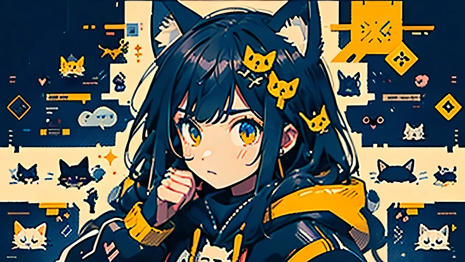 anime girl with black hair and a cat hat, anime style illustration, moe artstyle, wallpaper 8 k, digital illustration, beautiful 1woman, fit-muscled body, medium breast, bright yellow eyes，dark blue hair , blue eyes, With round lenses, The audience watched carefully, (s face: 1.2), she wears a hoodie with animal ears and technowear technology, futuristic fashion in black and holographic colors, many details and buttons on it, cables coming out of the sleeves, the background is that of a simple pattern with cat motifs and paws, purple and black, black cat eyes, holographic, holo details