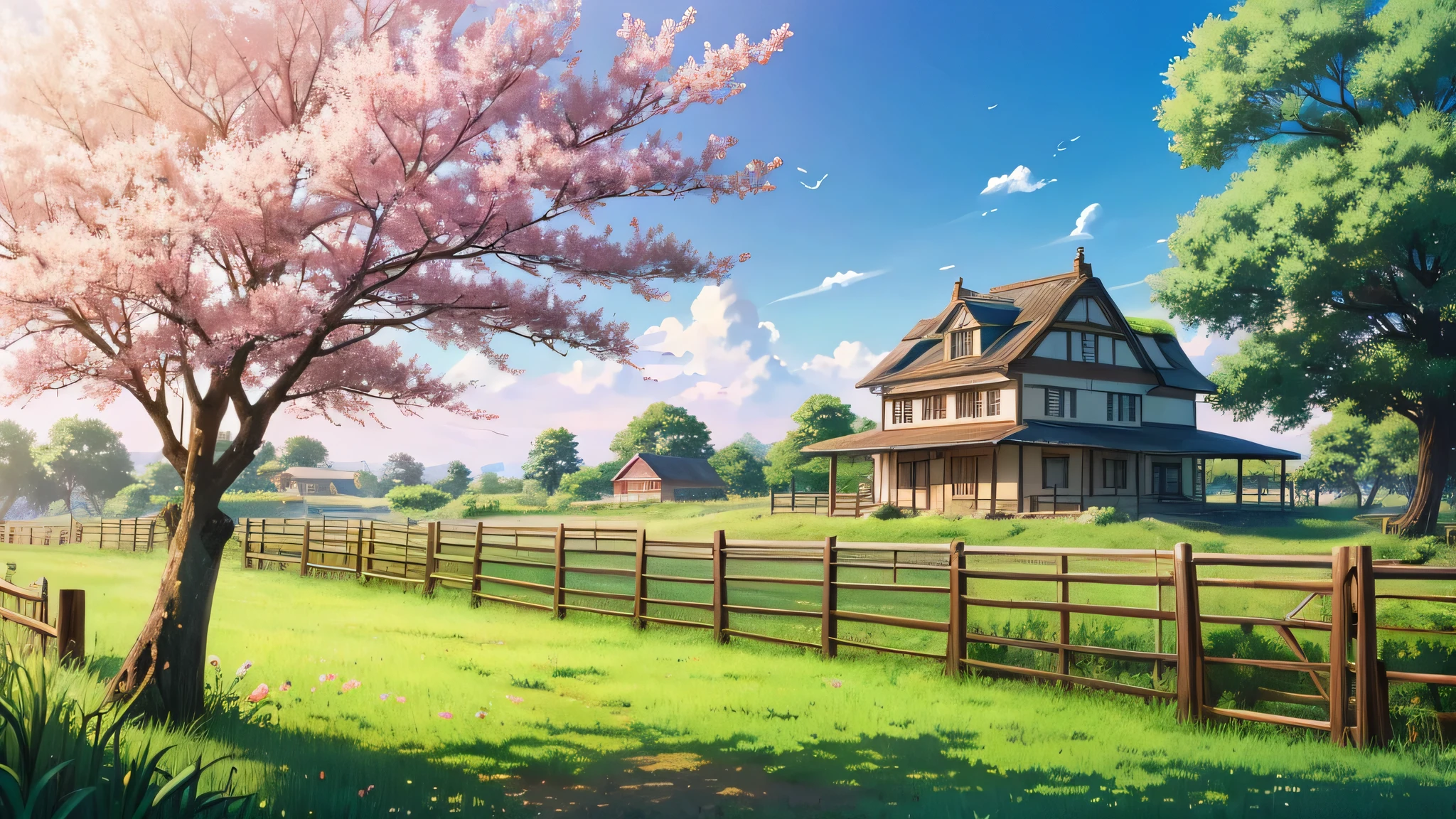 anime scenery of a farm with a fence and a house, anime countryside landscape, anime scenery, anime background art, beautiful anime scenery, anime scenery, studio glibly makoto shinkai, makoto shinkai'style, anime background, beautiful anime scene, anime movie background, anime scenery wallpaper, anime scenery concept art, ( ( makoto shinkai ) ) pastel colour fresh bright There is a large tree on the right side