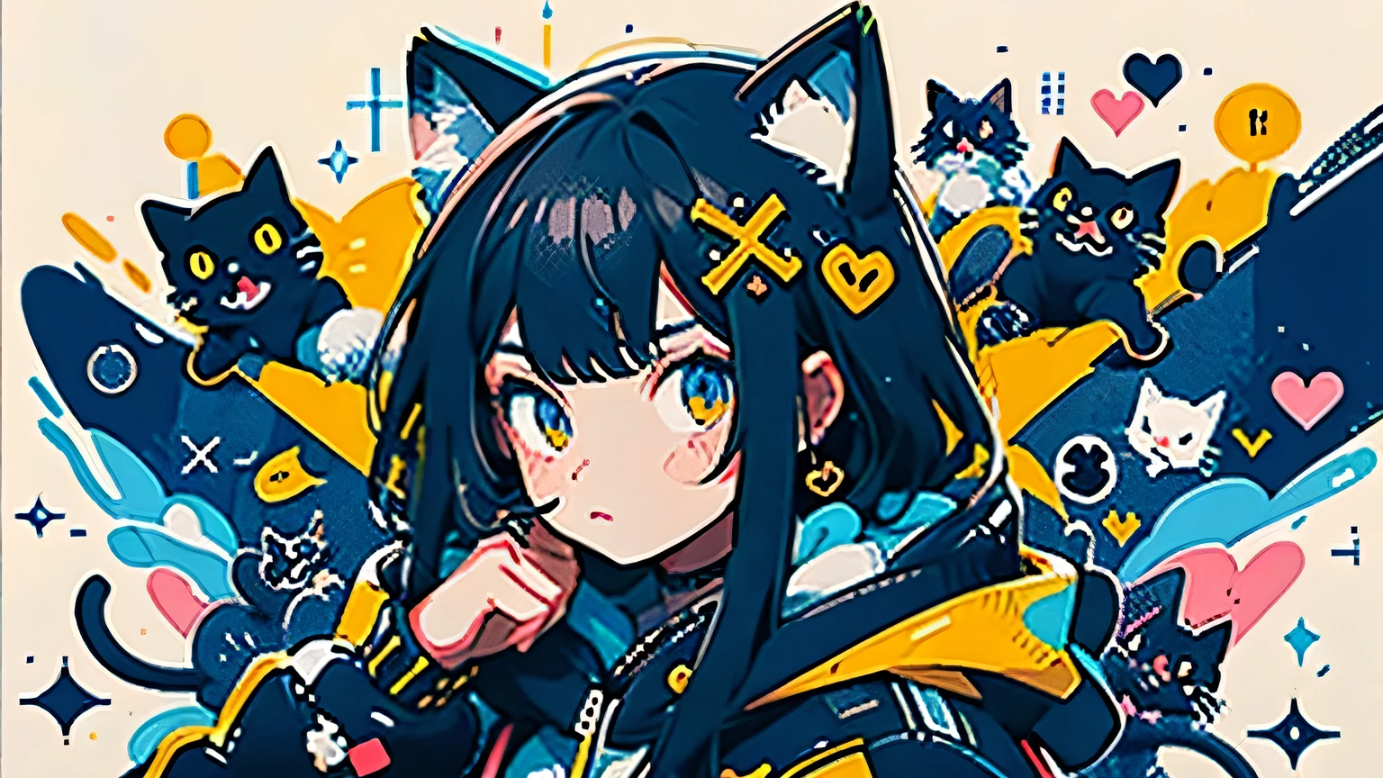 anime girl with black hair and a cat hat, anime style illustration, moe artstyle, wallpaper 8 k, digital illustration, beautiful 1woman, fit-muscled body, medium breast, bright yellow eyes，dark blue hair , blue eyes, With round lenses, The audience watched carefully, (s face: 1.2), she wears a hoodie with animal ears and technowear technology, futuristic fashion in black and holographic colors, many details and buttons on it, cables coming out of the sleeves, the background is that of a simple pattern with cat motifs and paws, purple and black, black cat eyes, holographic, holo details