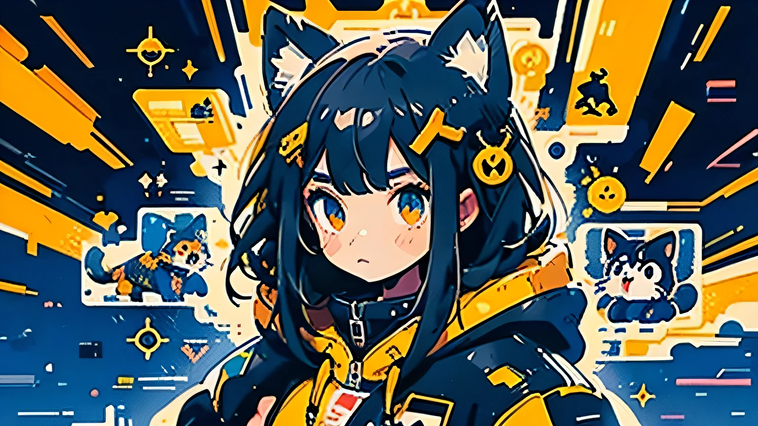 anime girl with black hair and a cat hat, anime style illustration, moe artstyle, wallpaper 8 k, digital illustration, beautiful 1woman, fit-muscled body, medium breast, bright yellow eyes，dark blue hair , blue eyes, With round lenses, The audience watched carefully, (s face: 1.2), she wears a hoodie with animal ears and technowear technology, futuristic fashion in black and holographic colors, many details and buttons on it, cables coming out of the sleeves, the background is that of a simple pattern with dogs motifs and paws, purple and black, black dog eyes, holographic, holo details