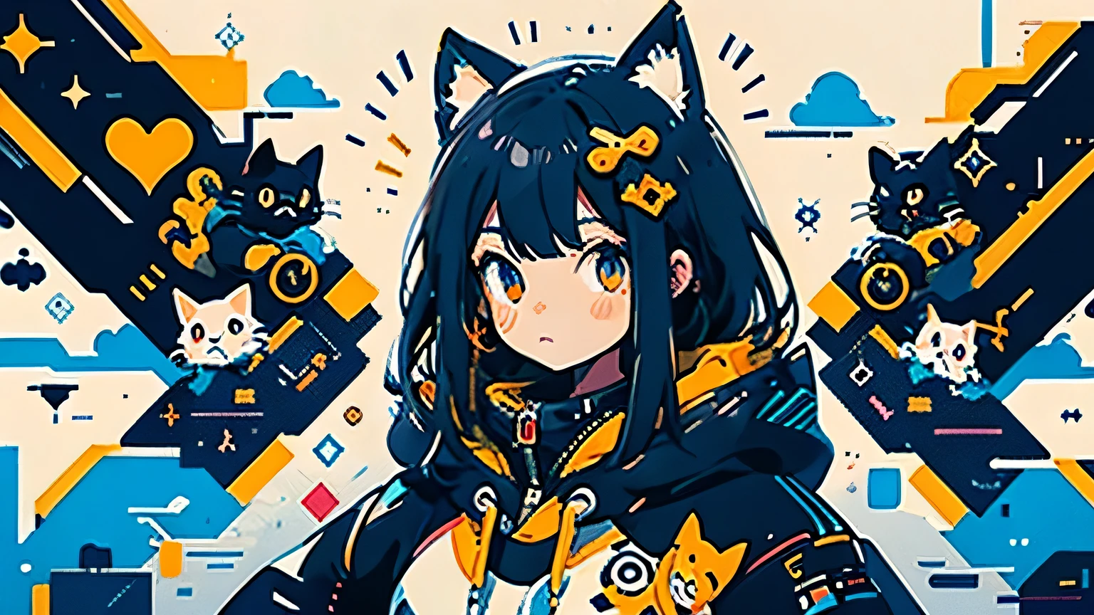 anime girl with black hair and a cat hat, anime style illustration, moe artstyle, wallpaper 8 k, digital illustration, beautiful 1woman, fit-muscled body, medium breast, bright yellow eyes,dark blue hair , blue eyes, With round lenses, The audience watched carefully, (s face: 1.2), she wears a hoodie with animal ears and technowear technology, futuristic fashion in black and holographic colors, many details and buttons on it, cables coming out of the sleeves, the background is that of a simple pattern with dogs motifs and paws, purple and black, black dog eyes, holographic, holo details
