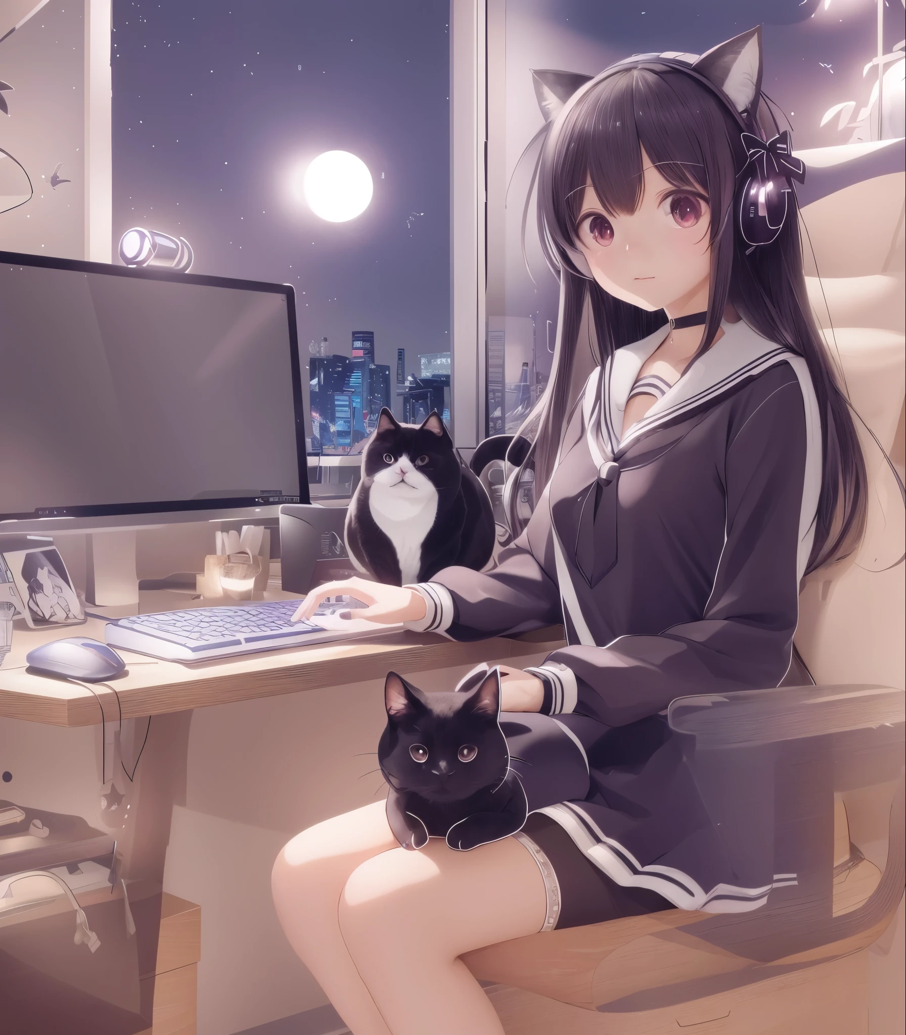 Anime girl sitting in front of a computer with a cat, Nightcore, anime style 4k, anime girl with cat ears, anime cat, 4k anime wallpaper, anime catgirl, anime girl desktop background, cute anime catgirl, anime wallpaper 4k, anime wallpaper 4k, very beautiful anime cat girl, beautiful anime catgirl