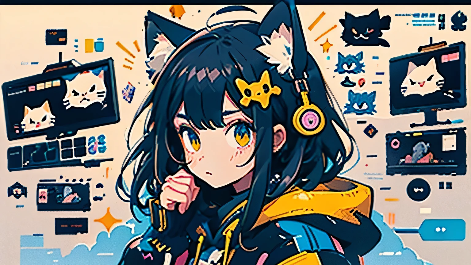 anime girl with black hair and a cat hat, anime style illustration, moe artstyle, wallpaper 8 k, digital illustration, beautiful 1woman, fit-muscled body, medium breast, bright yellow eyes,dark blue hair , blue eyes, With round lenses, The audience watched carefully, (s face: 1.2), she wears a hoodie with animal ears and technowear technology, futuristic fashion in black and holographic colors, many details and buttons on it, cables coming out of the sleeves, the background is that of a simple pattern with dogs motifs and paws, purple and black, black dog eyes, holographic, holo details