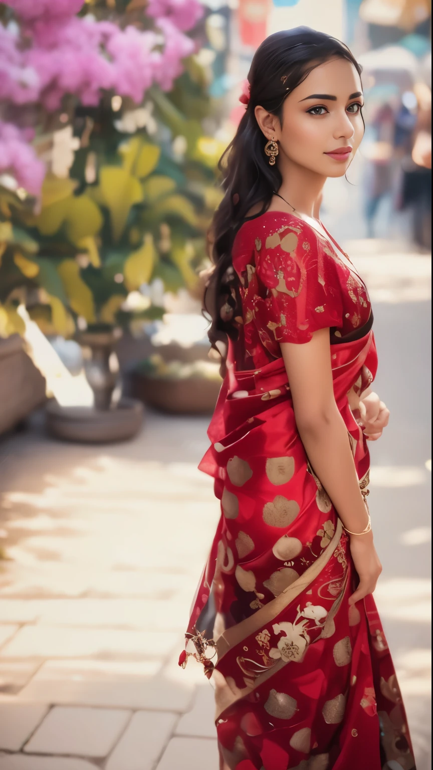 In the bustling streets of a vibrant Indian city, amidst the kaleidoscope of colors and scents, a woman (((Anne Hathaway: Selena Gomez:0.6))) clad in a vibrant red saree and a black blouse becomes an ethereal sight that captivates all who lay eyes upon her. Her undeniable beauty transcends time and space, leaving onlookers spellbound.
Describe the scene as the woman, with her graceful presence, glides through a crowded marketplace, where merchants and shoppers pause to admire her radiance. The atmosphere is alive with whispers as her mesmerizing allure evokes a sense of awe and admiration.
Embark on a journey to reveal the woman’s story—her name, her background, her passions—and the reasons behind her choice of attire. Explore her persona, intertwining elements of mystery and allure, as people speculate on the secrets hiding behind her enchanting gaze.
Incorporate the sights, sounds, and emotions that surround this extraordinary woman, as she navigates through the city’s vibrant tapestry. Whether it be the scent of freshly ground spices, the distant sound of temple bells, or the intricate henna designs adorning her hands, immerse the reader in the sensory experience of this captivating moment.
As the story unfolds, her path intertwines with that of a curious photographer who becomes determined to capture her undeniable beauty in a single photograph. Describe their encounters, the photographer’s attempts to understand her story, and the profound impact this woman’s presence has on his own life.(Blur Background:1.6), (Blue Hue:0.8), (Auto focus:1.4)