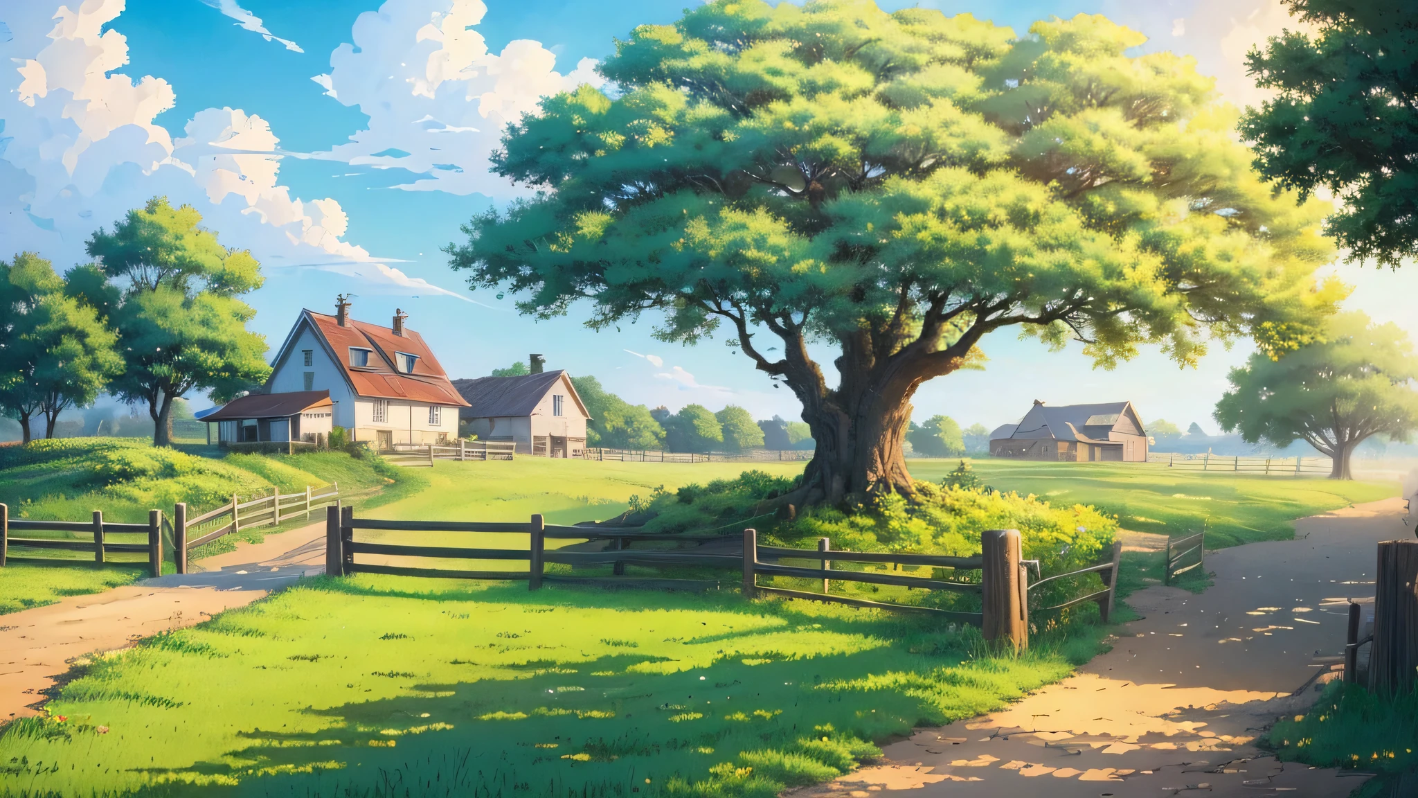 anime scenery of a farm with a fence and a house, anime countryside landscape, anime scenery, anime background art, beautiful anime scenery, anime scenery, studio glibly makoto shinkai, makoto shinkai'style, anime background, beautiful anime scene, anime movie background, anime scenery wallpaper, anime scenery concept art, ( ( makoto shinkai ) ) pastel colour fresh bright There is a large tree on the right side