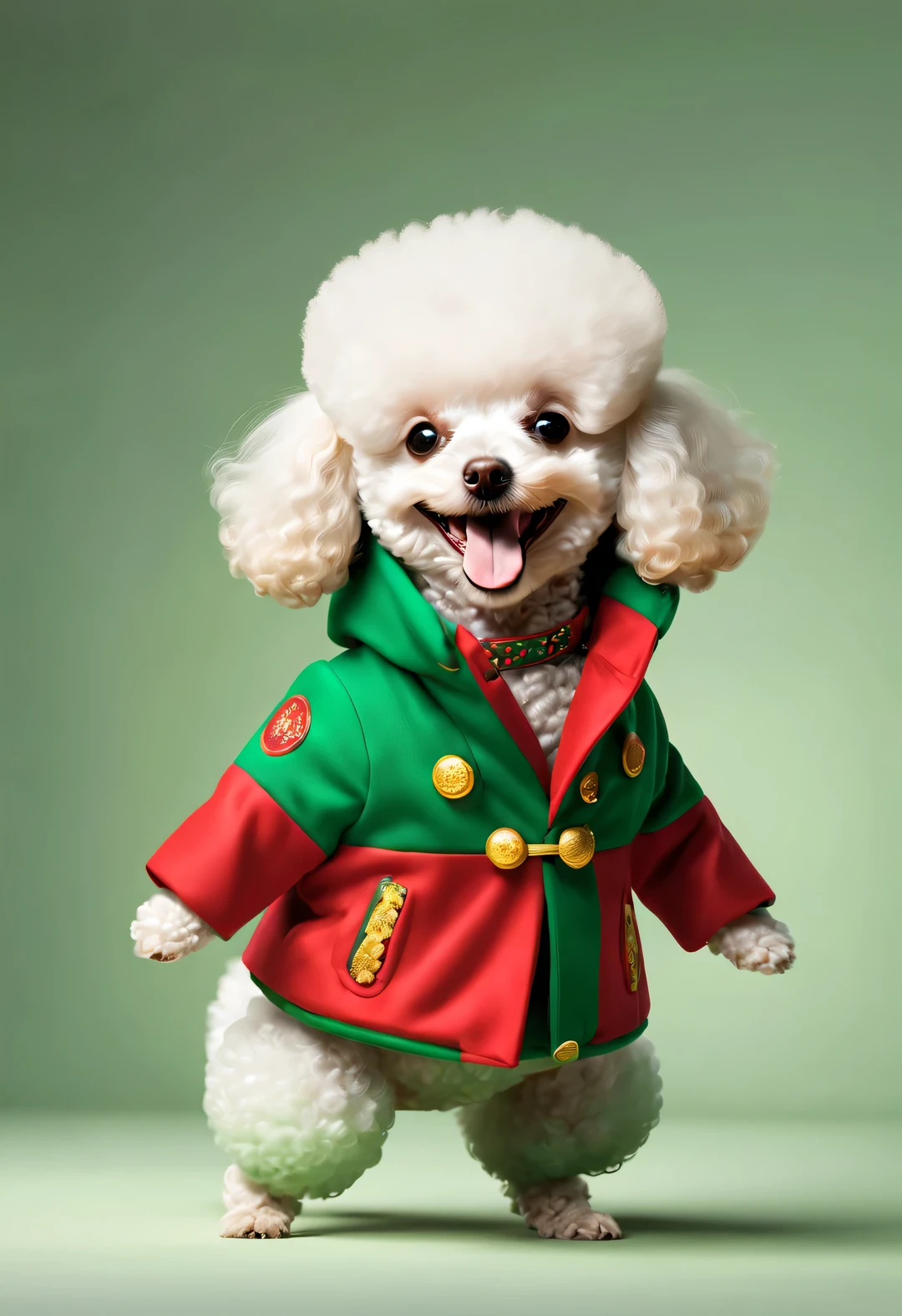 Poodle from space，Wearing a Chinese red and green coat，smile and dance，abnormal，comical，,Concept Design, character table