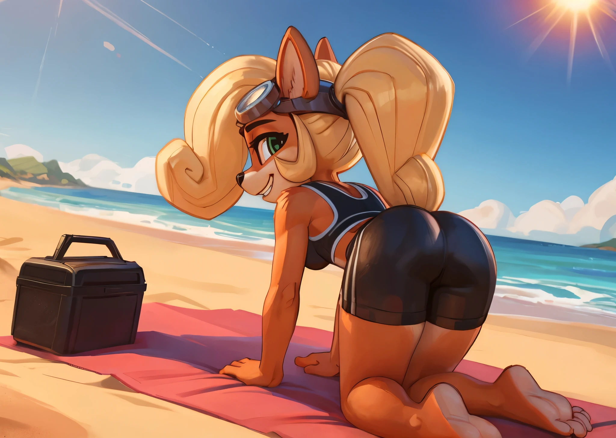 [Coco bandicoot], [Uploaded to e621.net; (Pixelsketcher), (wamudraws)}, ((masterpiece)), ((HD)), ((solo portrait)), ((full body)), ((back view)), ((feet visible)), ((furry; anthro)), ((detailed fur)), ((detailed shading)), ((beautiful render art)), ((feet visible)), ((intricate details)), ((cinematic)), {anthro; orange fur, (soaked fur), black nose, (cute green eyes), (white highlights in eyes), (short eyelashes), (wet blonde hair), curly ponytail, (curvy hips), (beautiful legs), (beautiful feet), (cute grin), (excited expression)}, {(pink sports bra black lines), (short black spandex shorts pink lines), (pink lines on shorts), (goggles on head)}, {(on beach towel), (kneeling), (all fours), (looking back at viewer)}, [background; (beach), (beautiful ocean), (clouds in sky), (blue sky), (sun rays), (ambient lighting)]