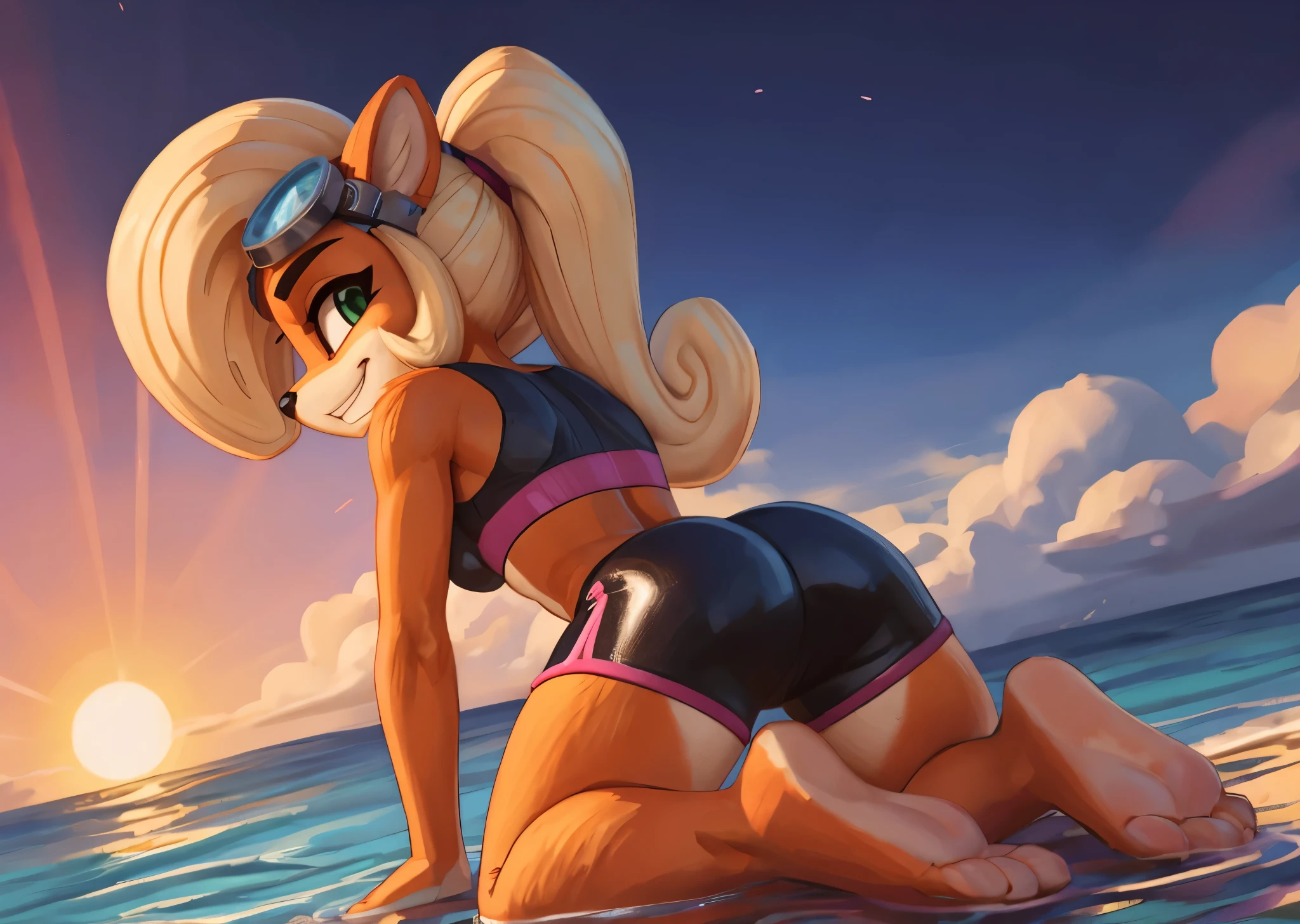 [Coco bandicoot], [Uploaded to e621.net; (Pixelsketcher), (wamudraws)}, ((masterpiece)), ((HD)), ((solo portrait)), ((full body)), ((back view)), ((lower-angle view)), ((feet visible)), ((furry; anthro)), ((detailed fur)), ((detailed shading)), ((beautiful render art)), ((feet visible)), ((intricate details)), ((cinematic)), {anthro; orange fur, (soaked fur), black nose, (cute green eyes), (white highlights in eyes), (short eyelashes), (wet blonde hair), curly ponytail, (curvy hips), (beautiful legs), (beautiful feet), (cute grin), (excited expression)}, {(pink sports bra black lines), (short black spandex shorts pink lines), (pink lines on shorts), (goggles on head)}, {(in water), (kneeling), (all fours), (looking back at viewer)}, [background; (beautiful ocean), (clouds in sky), (blue sky), (sun rays), (ambient lighting)]