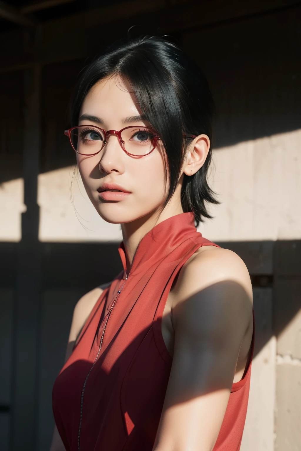 (highres,masterpiece:1.2),ultra-detailed,realistic,professional,beautiful detailed eyes,beautiful detailed lips,dark hair,short black hair,red glasses,stunning black eyes,clear skin,18-year-old girl,fashionable short hairstyle,vibrant red glasses,Shinobi Academy,fierce determination,confident posture,crimson outfit,intense gaze,background filled with ninjutsu techniques,shadows cleverly accentuating her features,subtle studio lighting,sublime realism,striking color tones
