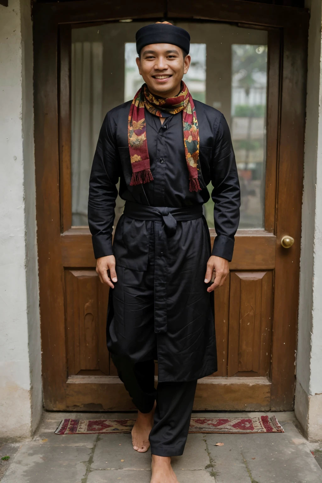 (best quality, 8k, masterpiece:1.2), realistic photo, Indonesian man, Muslim suit, black songkok, sarong/scarf (waist to ankle), smiling face, looking at the camera
