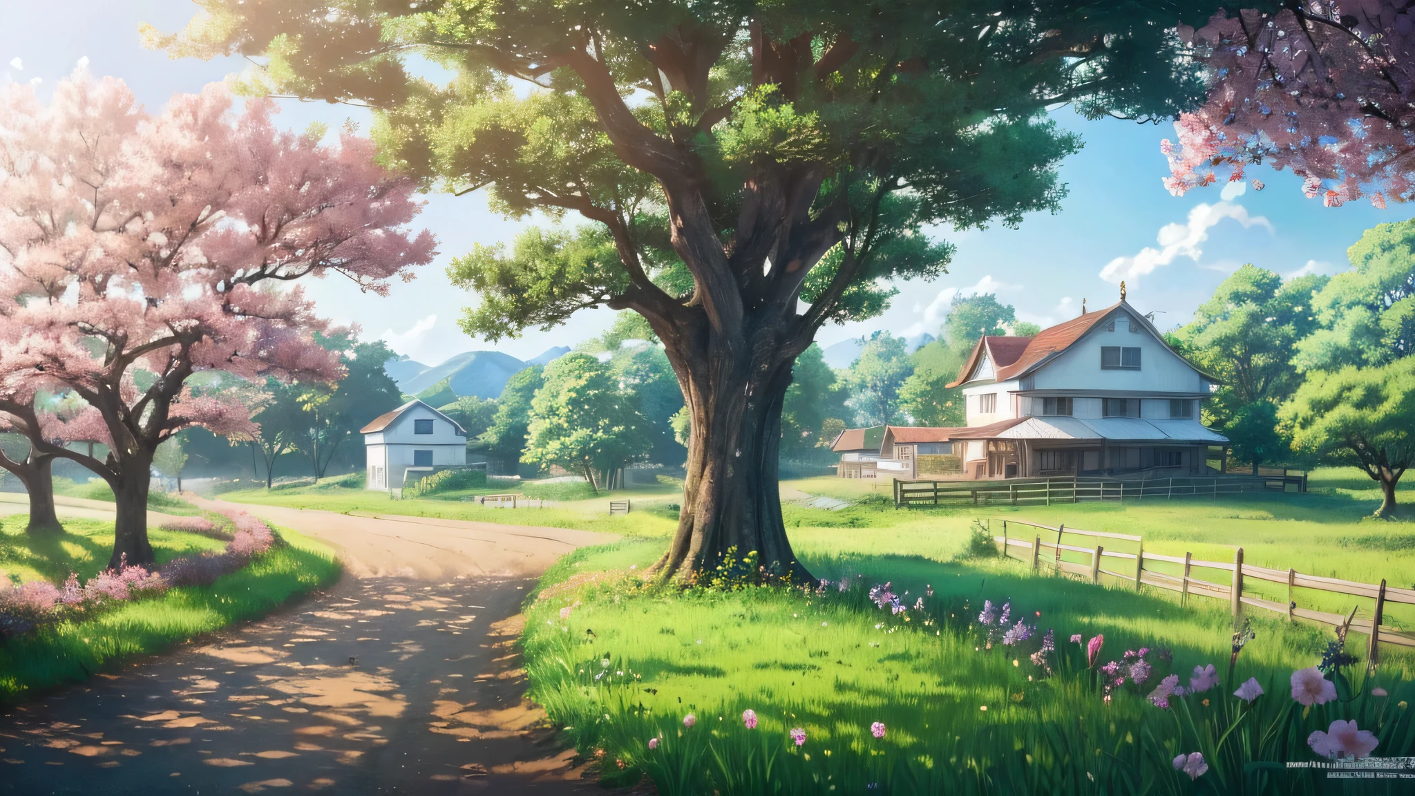 anime scenery of a farm with a fence and a house, anime countryside landscape, anime scenery, anime background art, beautiful anime scenery, anime scenery, studio glibly makoto shinkai, makoto shinkai&#39;style, anime background, beautiful anime scene, anime movie background, anime scenery wallpaper, anime scenery concept art, ( ( makoto shinkai ) )　pastel colour　Fresh　bright　There is a large tree on the far right
