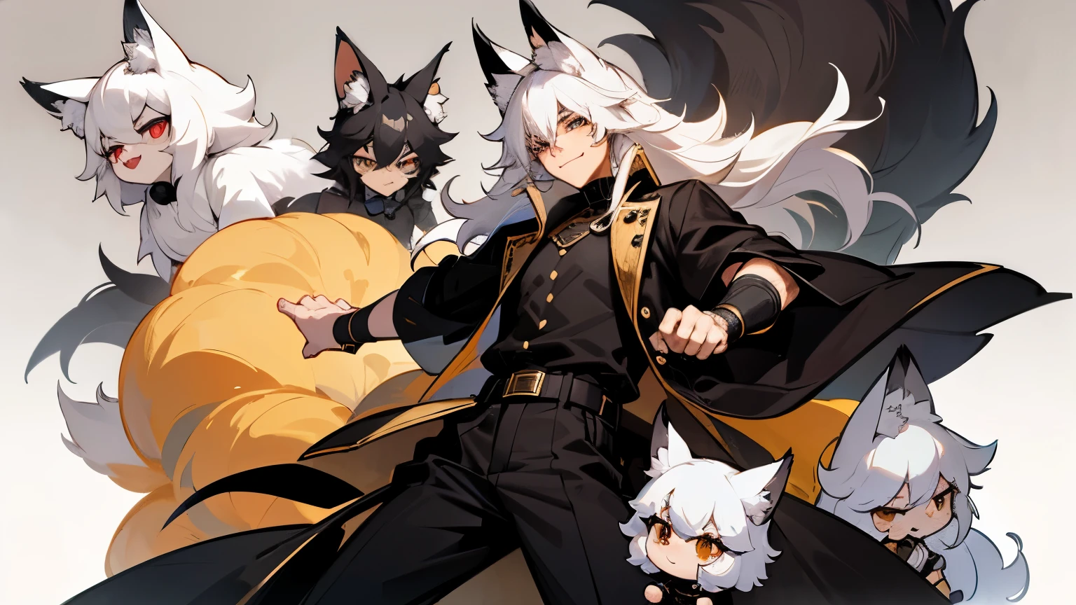 Male, mature adult, black pants, black attire, fluffy coat, somewhat tight shirt, short sleeves, broad shoulders, black and gold belt, very long and fluffy and rowdy hair, white hair, fox ears, fox tail, fluffy tail, only one tail, cocky smile, character design sheet, chibi characters in background, simple background, bands on wrist, strong arm, mature face, thinner eyes