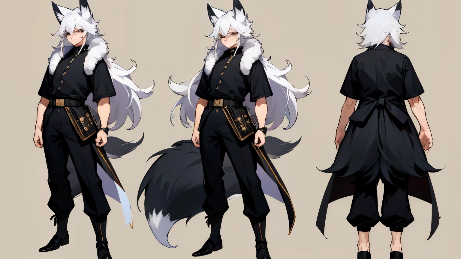 Male, mature adult, black pants, black attire, fluffy coat, somewhat tight shirt, short sleeves, broad shoulders, black and gold belt, very long and fluffy and rowdy hair, white hair, fox ears, fox tail, fluffy tail, only one tail, cocky smile, character design sheet, chibi characters in background, simple background, bands on wrist, strong arm, mature face, thinner eyes