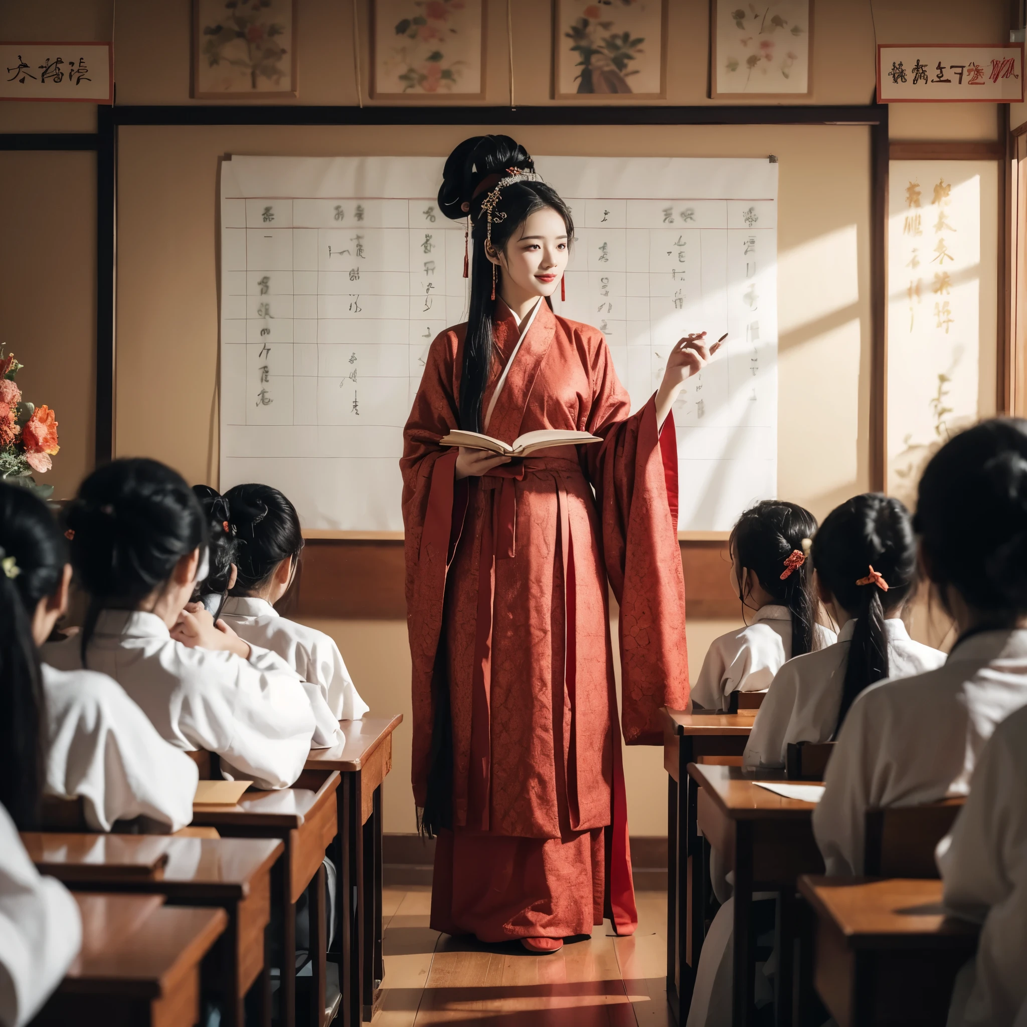 A young boy with，Children Thai school uniform, teachers Hanfu costume ，Teacher's Day，Holiday poster，cheerfulness，ssmile，Chinese New Year