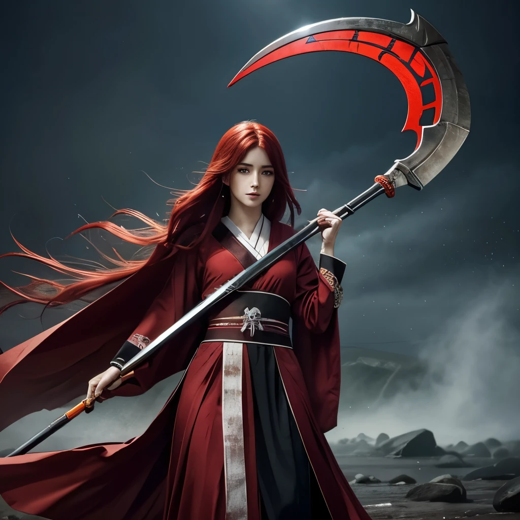 Susan coffey arte detallado, tiene en cabello largo color rojo, , runas. Un vestido hanfu rojo , a blue lightning runs along the edge is floating. Magia, niebla, lluvia. Sostiene con la mano un arma una gran hoz, a scythe scythe with red edge and runes, cintas rojas y blancas. 