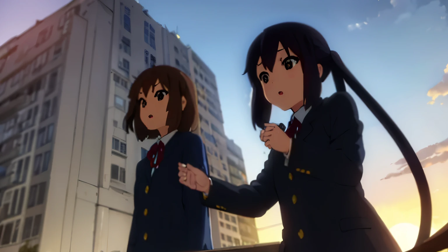 1girl, (((masterpiece))), top-quality, top-quality, High Details, nakano azusa, 1girl, Sakuragaoka High School Uniform, student clothes, Twin-tailed, cat ear, length hair, A dark-haired, brown-eyed, 独奏, reddish, Dark blue blazer with thin red ribbon, Solid white buttoned shirt under blazer, illustratio, comic strip, soothing tones, Subdued Color, Soft cinematic light, adobe lightroom, photolab, HDR, intricately and hyper-detailed、(((depth of fields))))。(((masterpiece)))。(((top-quality))).)((ultra-detailliert)))。(((illustratio)))。(((takeout))).dynamic focus.big breasts.(((Skyscrapers))).(((A city scape))).(((Face of sadness))). open mouth.(((fighting stance))).(((up chest))).((evening glow)).((the setting sun)).