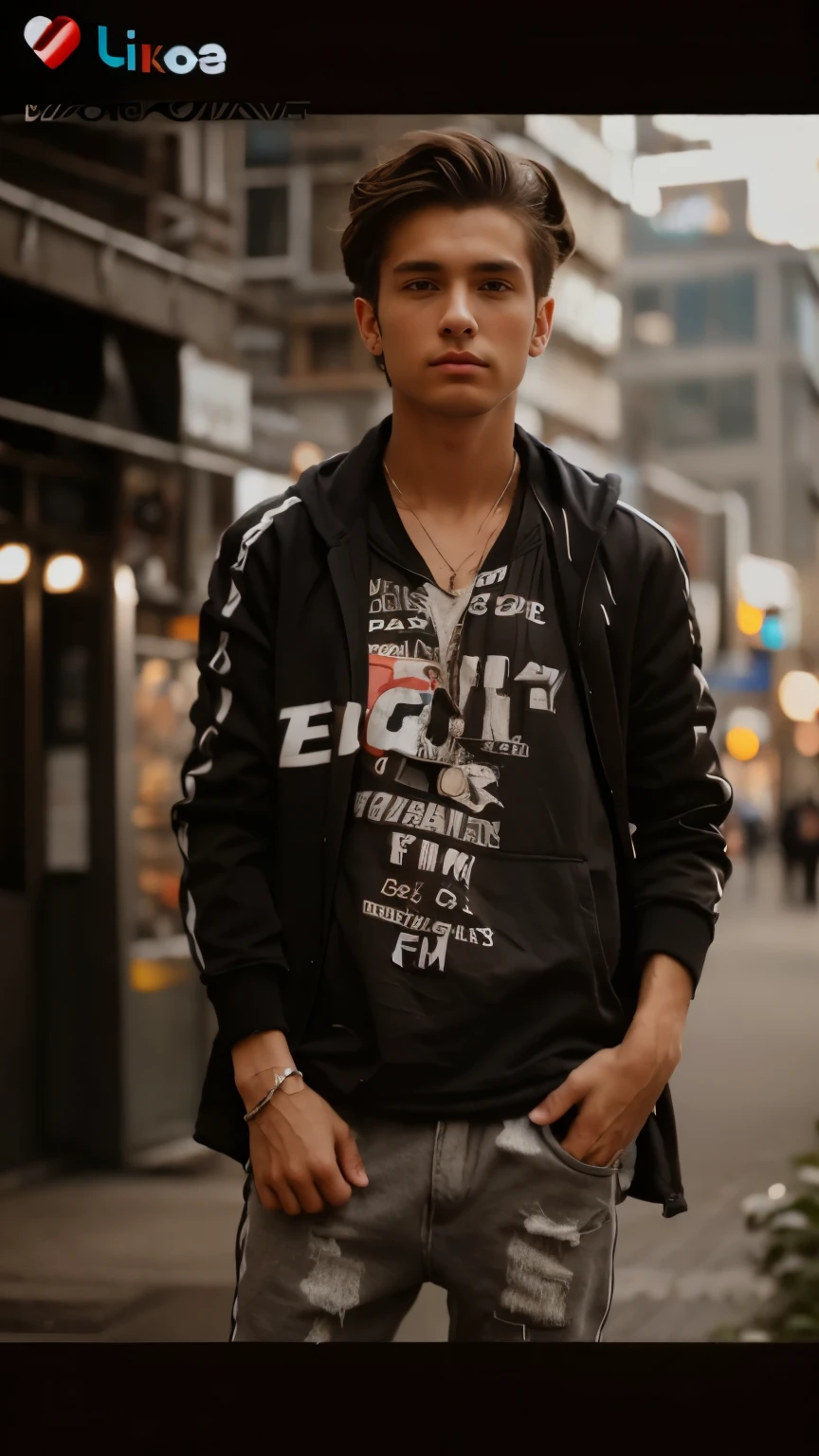 1male, , short brown ponytail, grey eyes, jacket with oversized fur hood, loose casual clothing,
