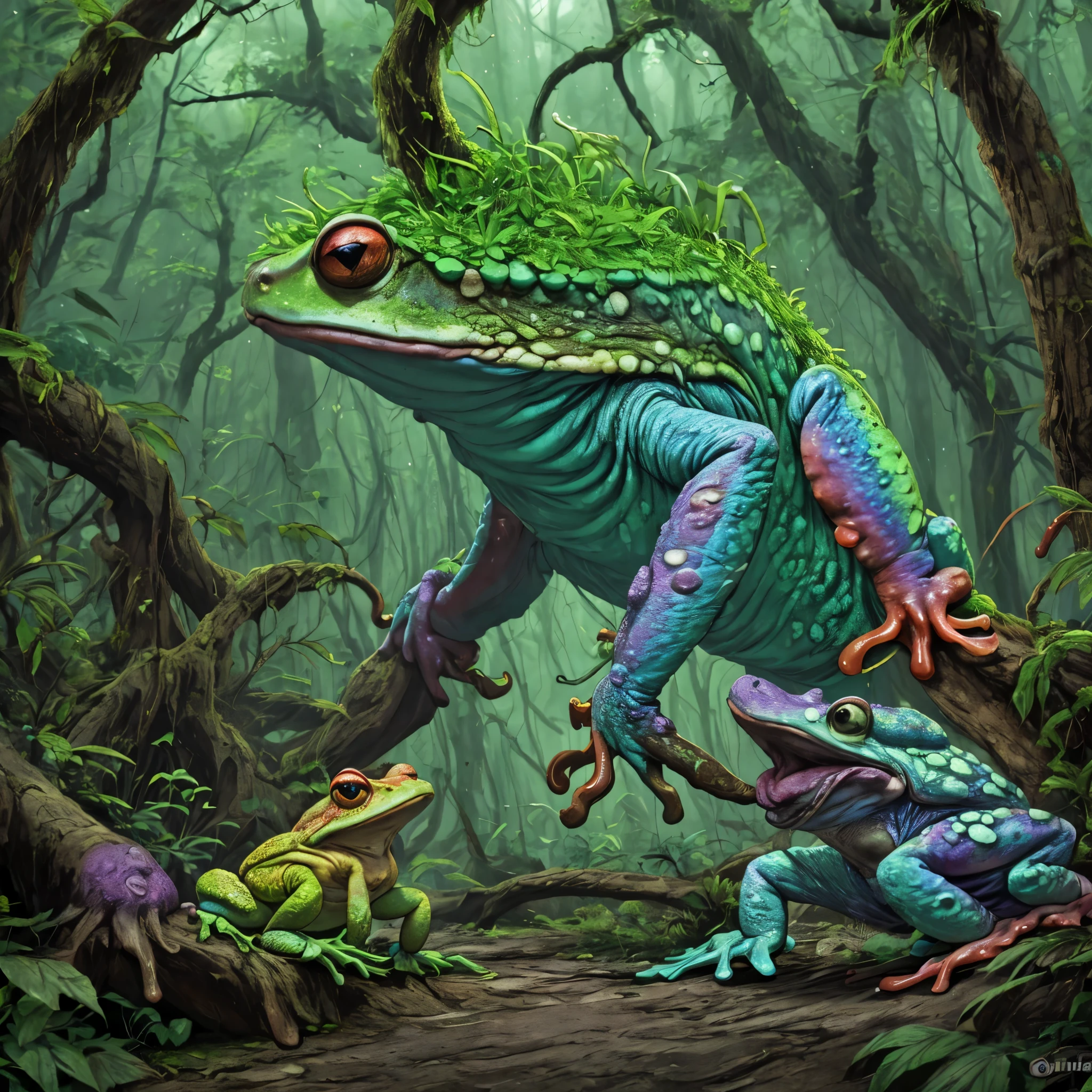(A creepy toad, enormous, brightly colored, tentacle tongue) stalks through an ancient forest