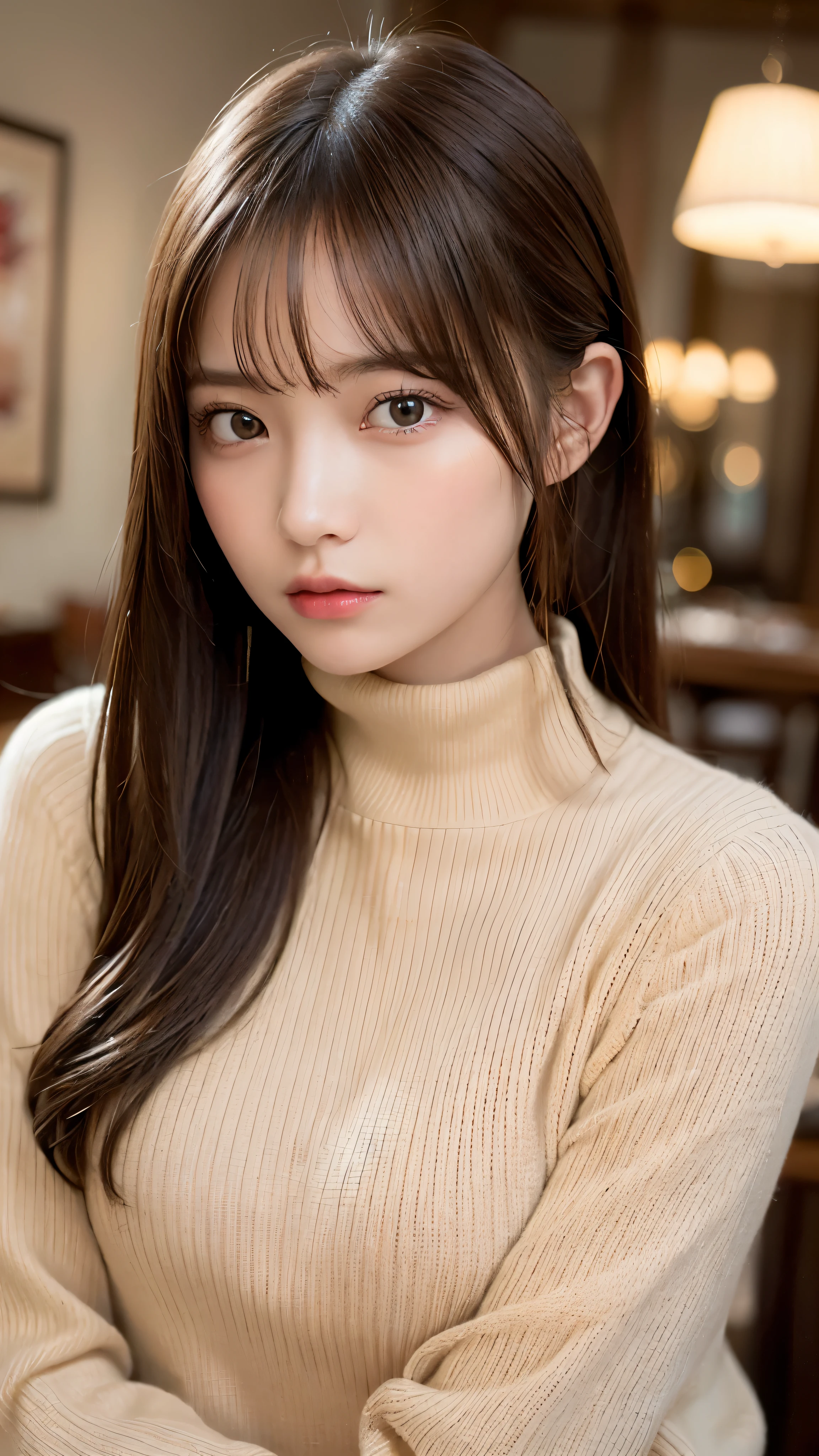 (masterpiece:1.5)、(realistic:1.5)、(highest quality:1.4、8K、RAW photo）、 ultra high resolution、professional lighting、perfect dynamic composition、Photographed at an antique and stylish cafe、 film grain、chromatic aberration、(Bokeh:1.1)、 Frank、Sophisticated、charm、超realistic、high detail、golden ratio、anatomically correct、 (1 girl)、slender girl、繊細でcharm女の子、cute woman:1.4、 serious expression、looking at the viewer、light brown hair、shining hair、Hair style is ponytail、 skin that looks real、 close your mouth、fine eyes、double eyelid、thin arms、(white high neck rib sweater)