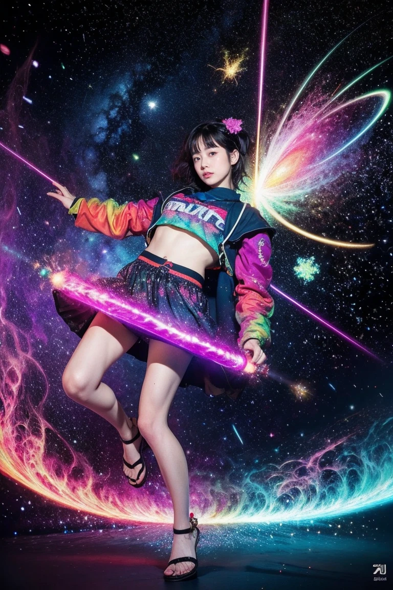 fractal nebula chain, cosmic, null, cosmic, Vibrant and vivid entities, whirlwind, spinning, unrealistic, high contrast, symbolism, magic, mystery的な, mystery, surreal, supersaturation, colorful, 8K、1girl,Woman in Japanese clothes、Zori sandals、laser beam from hand