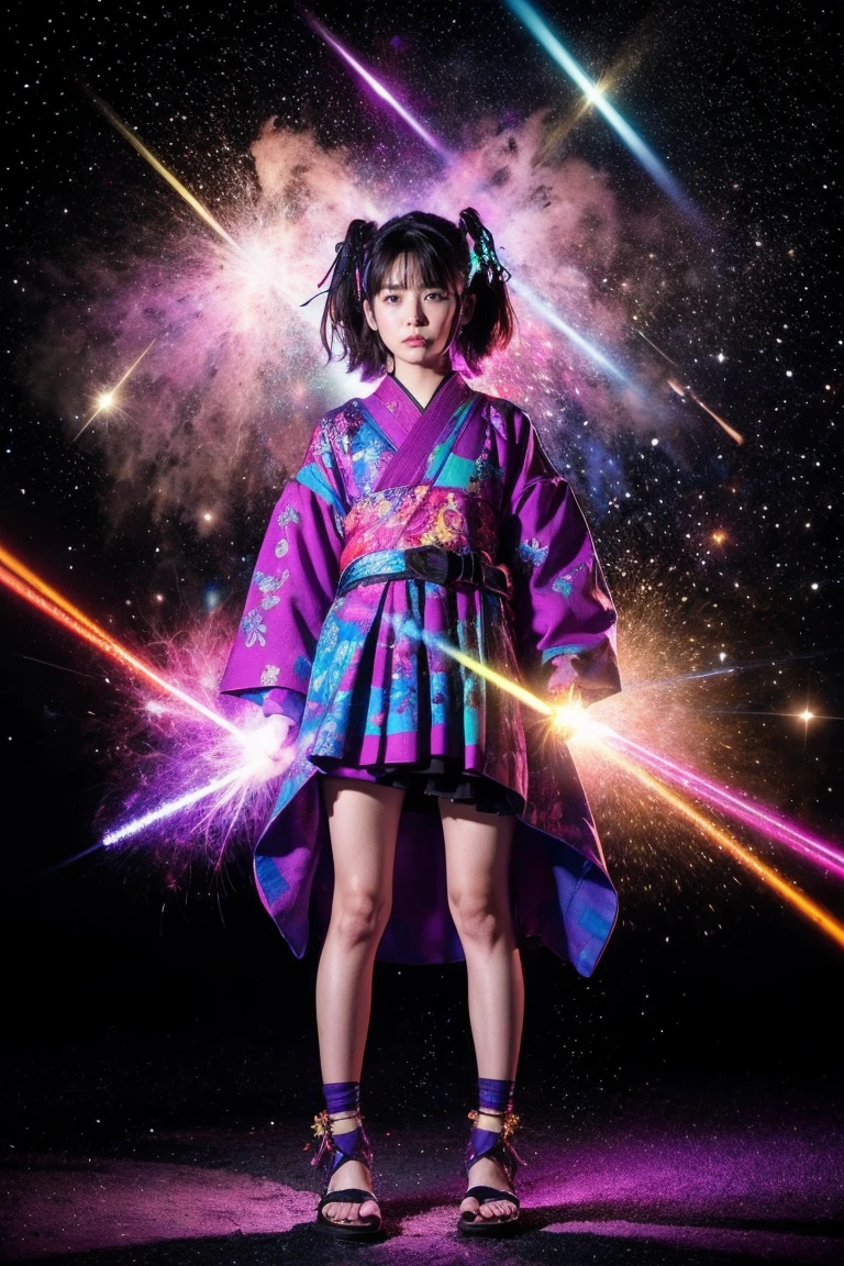 fractal nebula chain, cosmic, null, cosmic, Vibrant and vivid entities, whirlwind, spinning, unrealistic, high contrast, symbolism, magic, mystery的な, mystery, surreal, supersaturation, colorful, 8K、1girl,Woman in Japanese clothes、Zori sandals、laser beam from hand