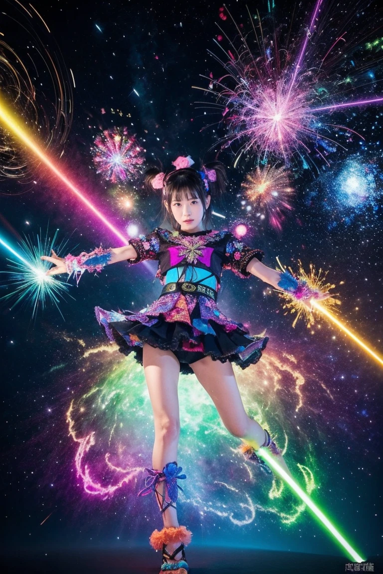 fractal nebula chain, cosmic, null, cosmic, Vibrant and vivid entities, whirlwind, spinning, unrealistic, high contrast, symbolism, magic, mystery的な, mystery, surreal, supersaturation, colorful, 8K、1girl,Woman in Japanese clothes、Zori sandals、laser beam from hand