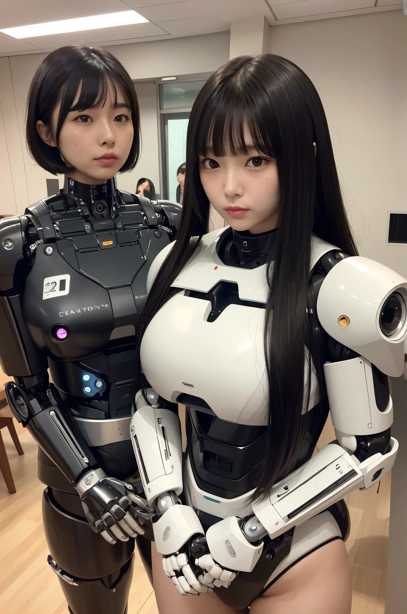 masterpiece, best quality, extremely detailed, Japaese android girls,two individuals,Plump , hug,control panels,android,Droid,Mechanical Hand, Robot arms and legs, Black hair,Blunt bangs,perfect robot girl,long tube,thick cable connected her neck,android,robot,humanoid,cyborg,japanese cyborg girl ,robot-assembly plant,She is assembled now,assembly scene,chest monitor camera eyes