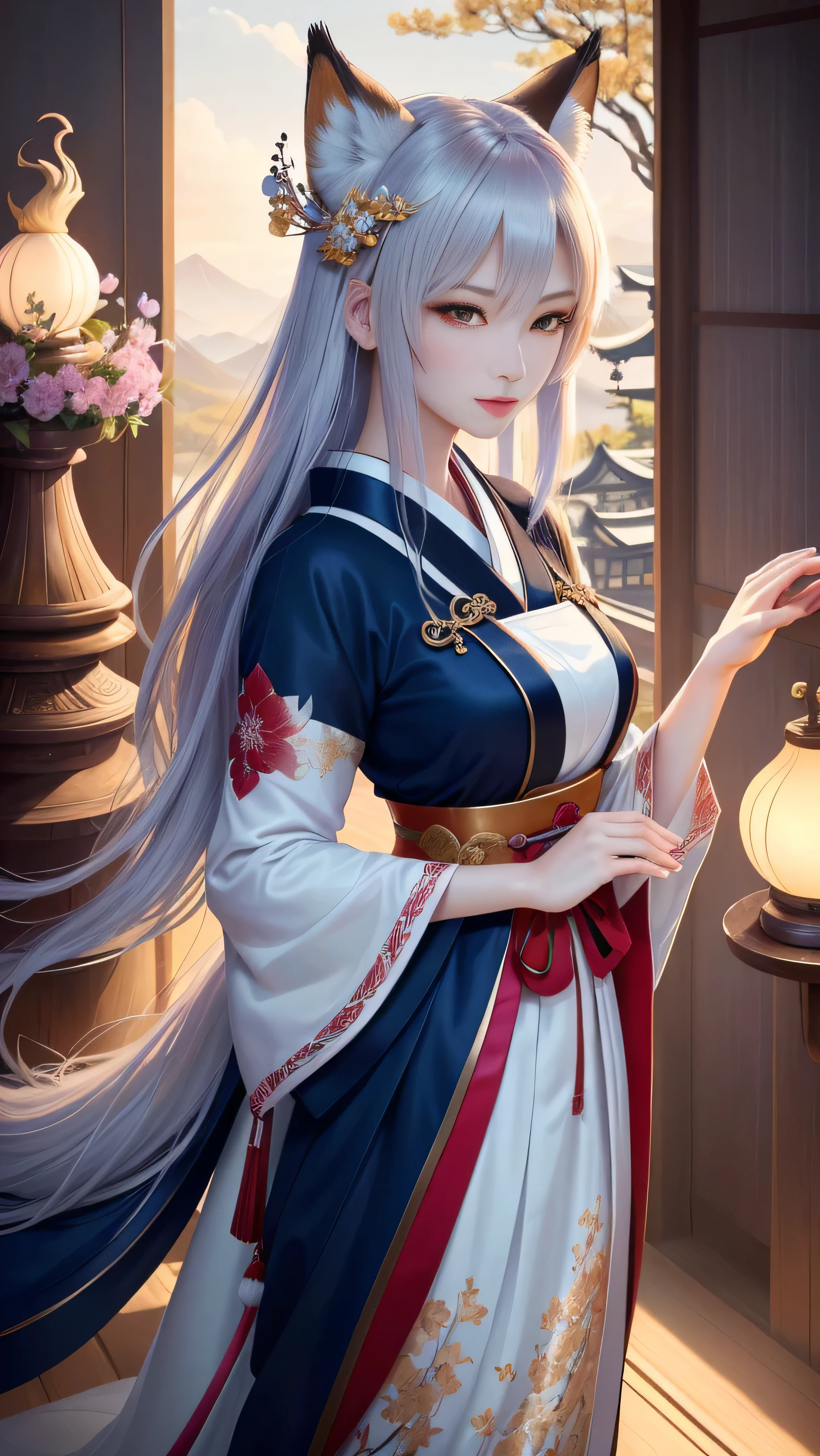 masterpiece , highest quality,close up of face,facing forward,whole body,Only one person,precision quality,beautiful short hair, masterpiece, japanese architectureの背景,beautiful details, colorful, delicate details, delicate lips, intricate details, genuine, ultrargenuineista, 枝に座っている色とりどりの髪のFoxを持つ女の子:mature, bright eyes, ,色とりどりのFox, Raposa the Nine Tails, 三尾Fox, 三尾Fox, Onmyoji detailed art, beautiful fine art illustration, mythical creatures, Fox, beautiful digital art,shrine maiden,japanese architecture,Holding hands,exquisite digital illustration, mizutsune, Inspired by mythical wild nest creatures, pixiv in digital art, dazzling light, high contrast, Mysterious,