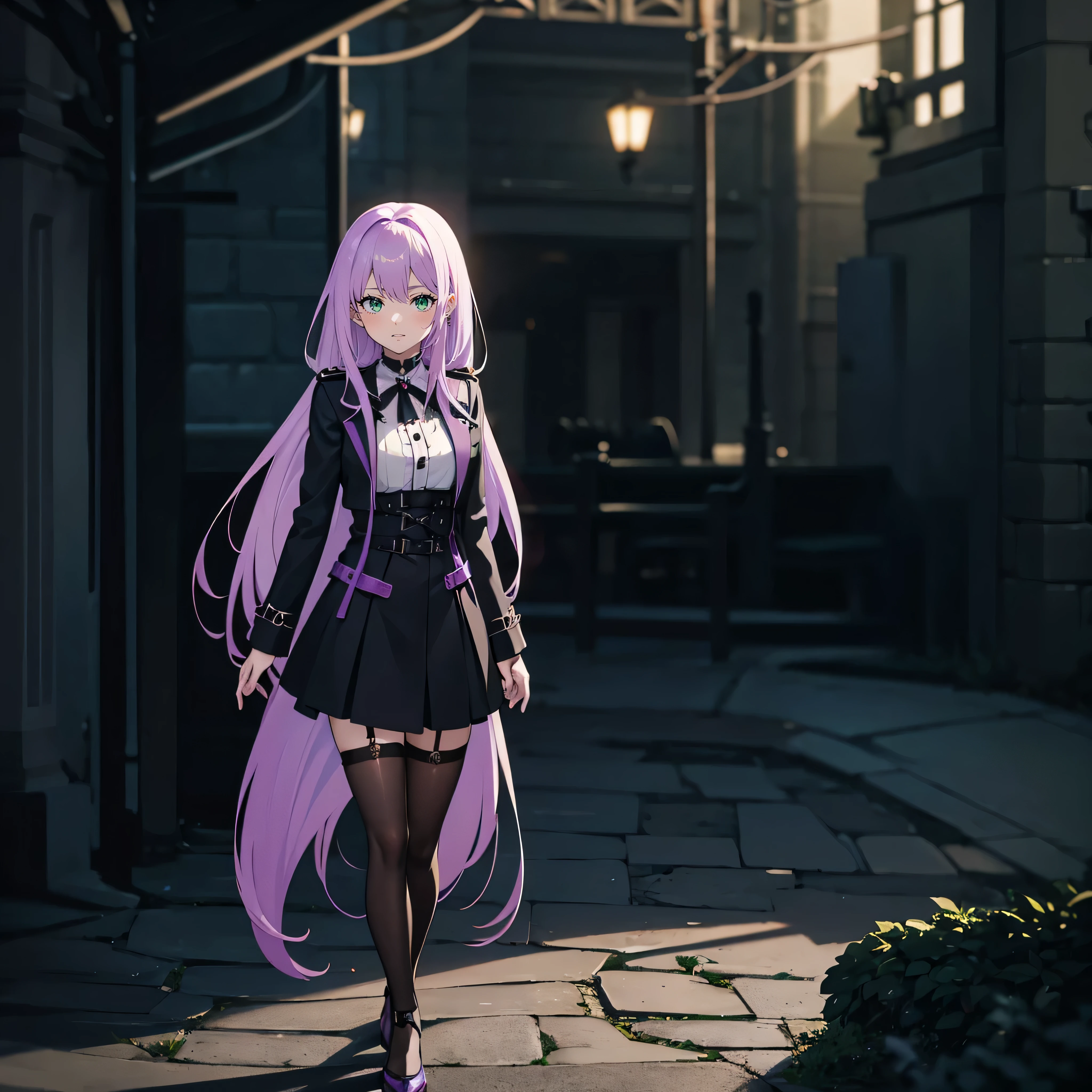 /imagine prompt: color photo of a young woman with long, light purple hair and light green eyes, around 20 years old. She is wearing a black coat, a deep purple gothic skirt, black gloves, black knee-high stockings, and deep red Mary Jane shoes. The photo has an anime-inspired aesthetic. —c 10 —ar 2:3